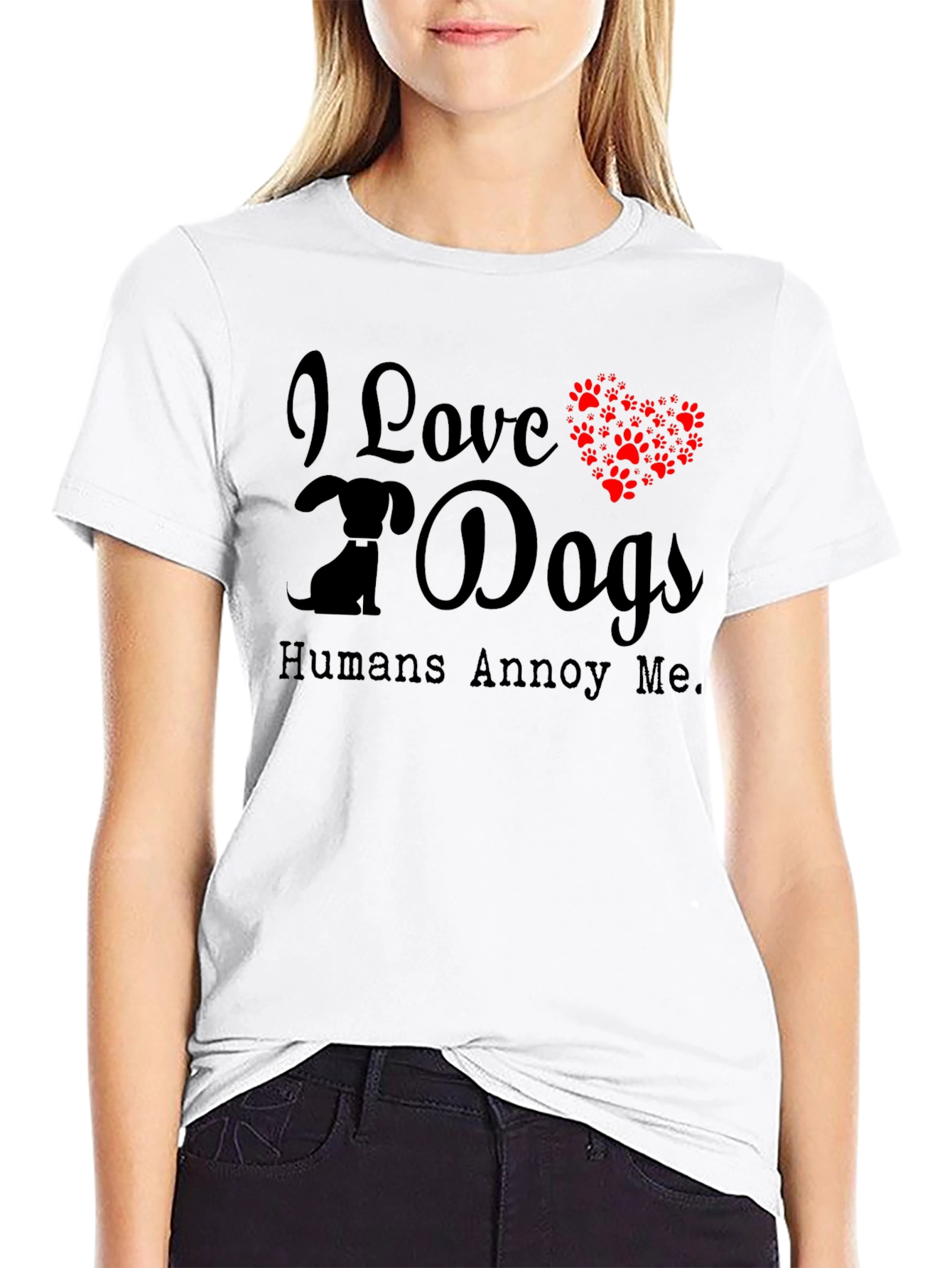 Black I Love Dogs T-Shirt - Humans Annoy Me - Dog Paw Print Heart view 9