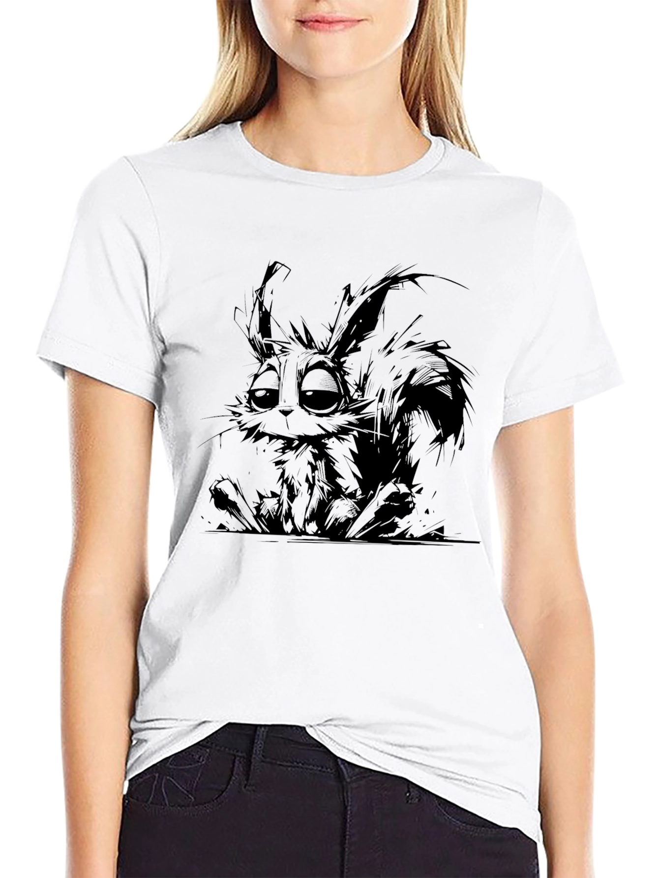Black Graphic Print T-Shirt - Sad Bunny Design view 9