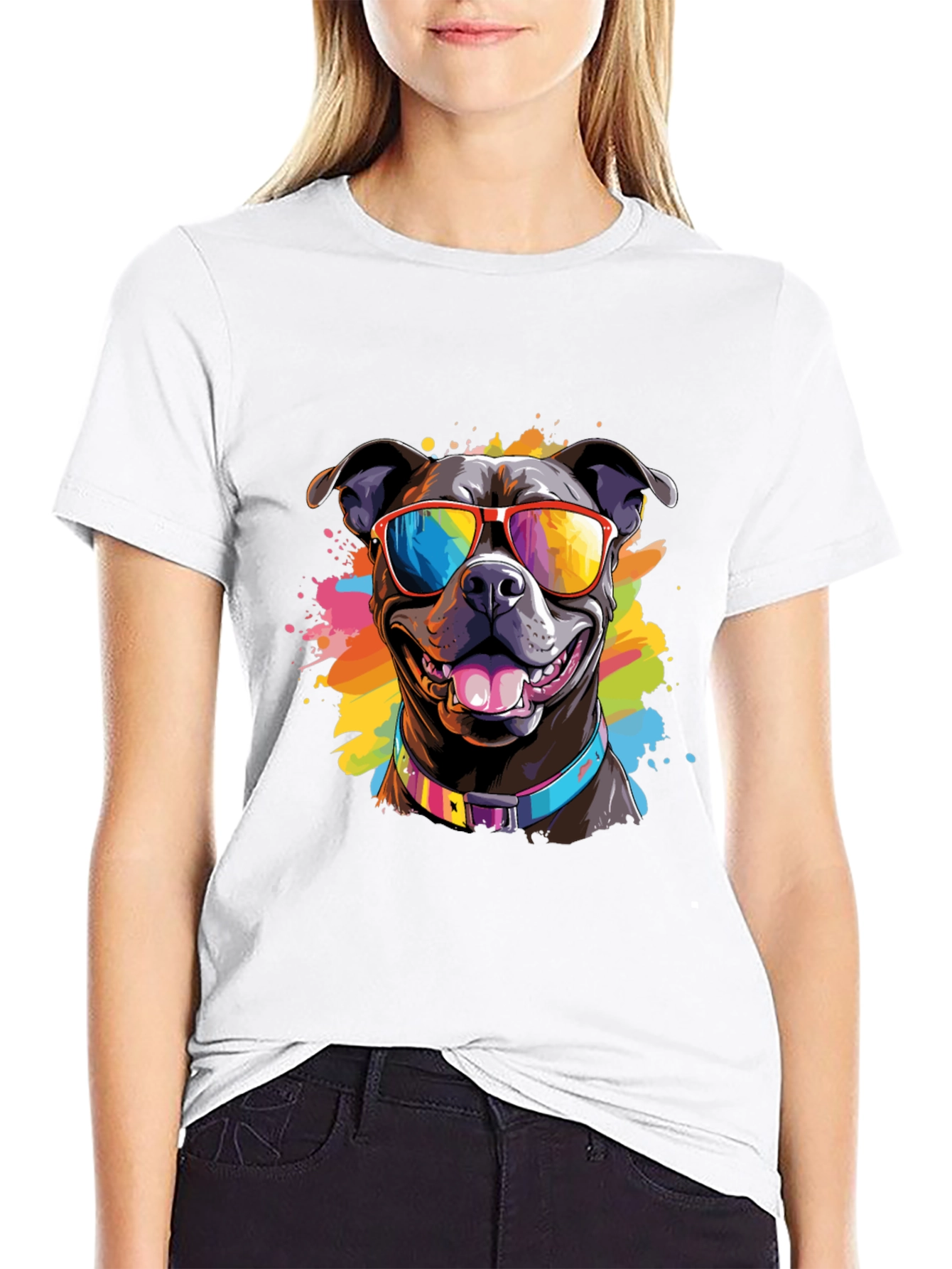 Black Cool Dog T-Shirt - Colorful Pitbull Sunglasses Tee view 9