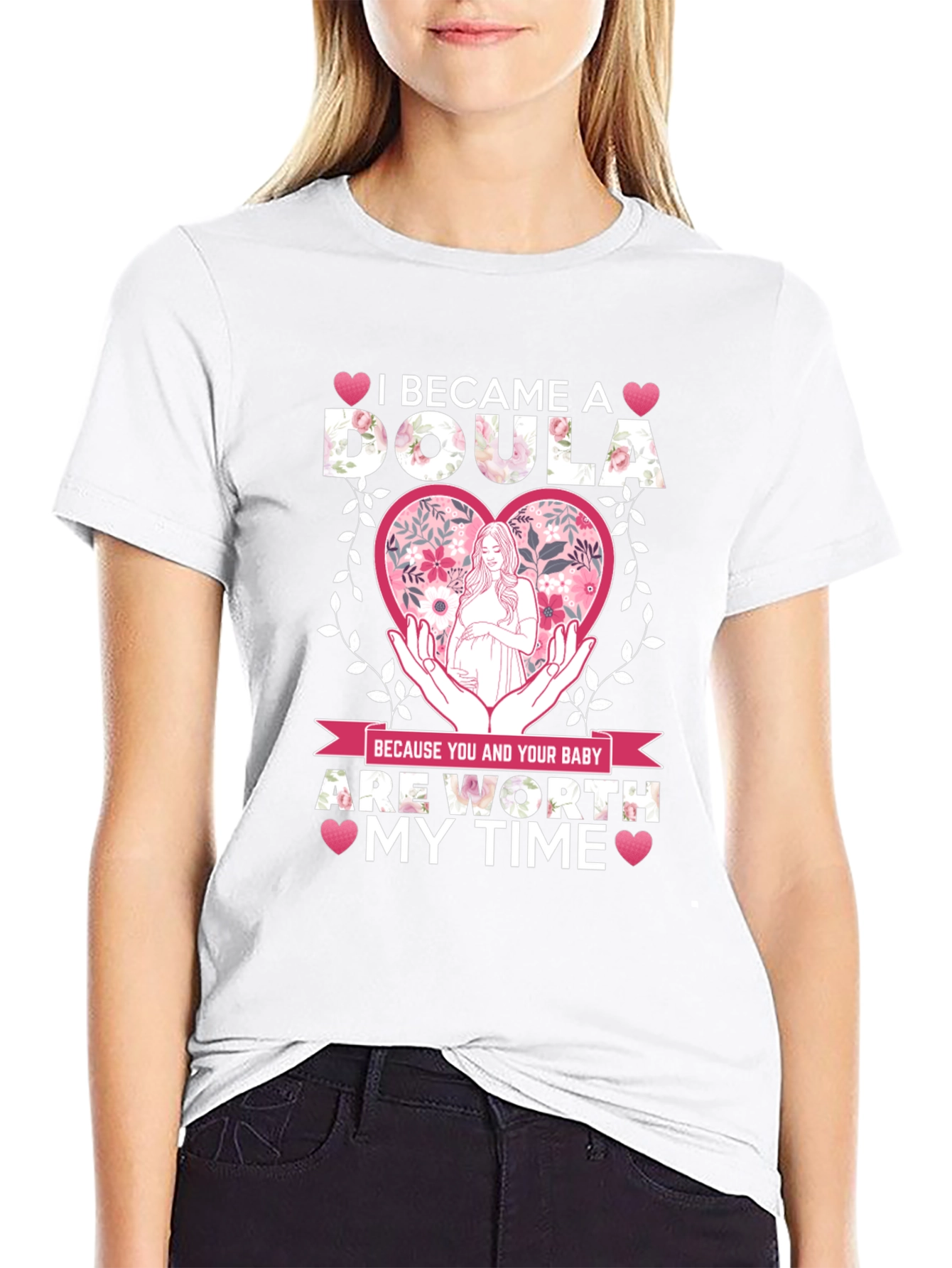 Black Doula T-Shirt - Floral Heart Design view 9