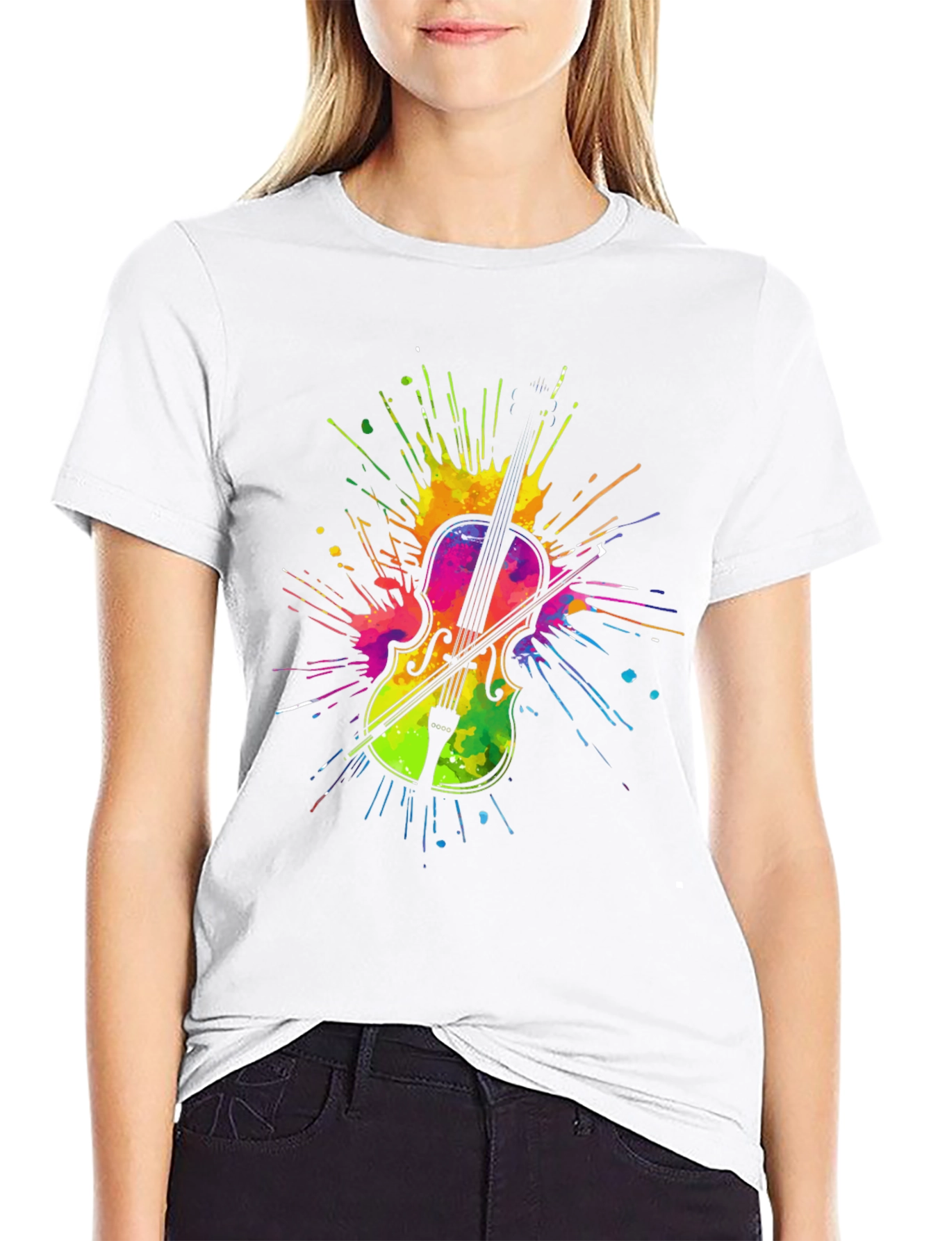 Black Colorful Violin Graphic Tee view 9
