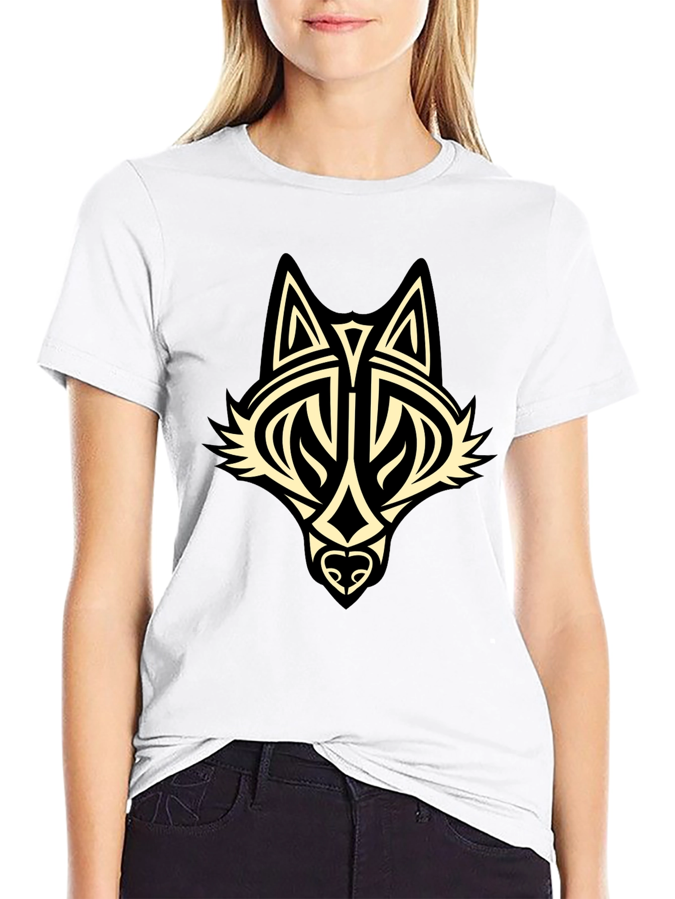 Black Tribal Wolf Graphic Black T-Shirt view 9
