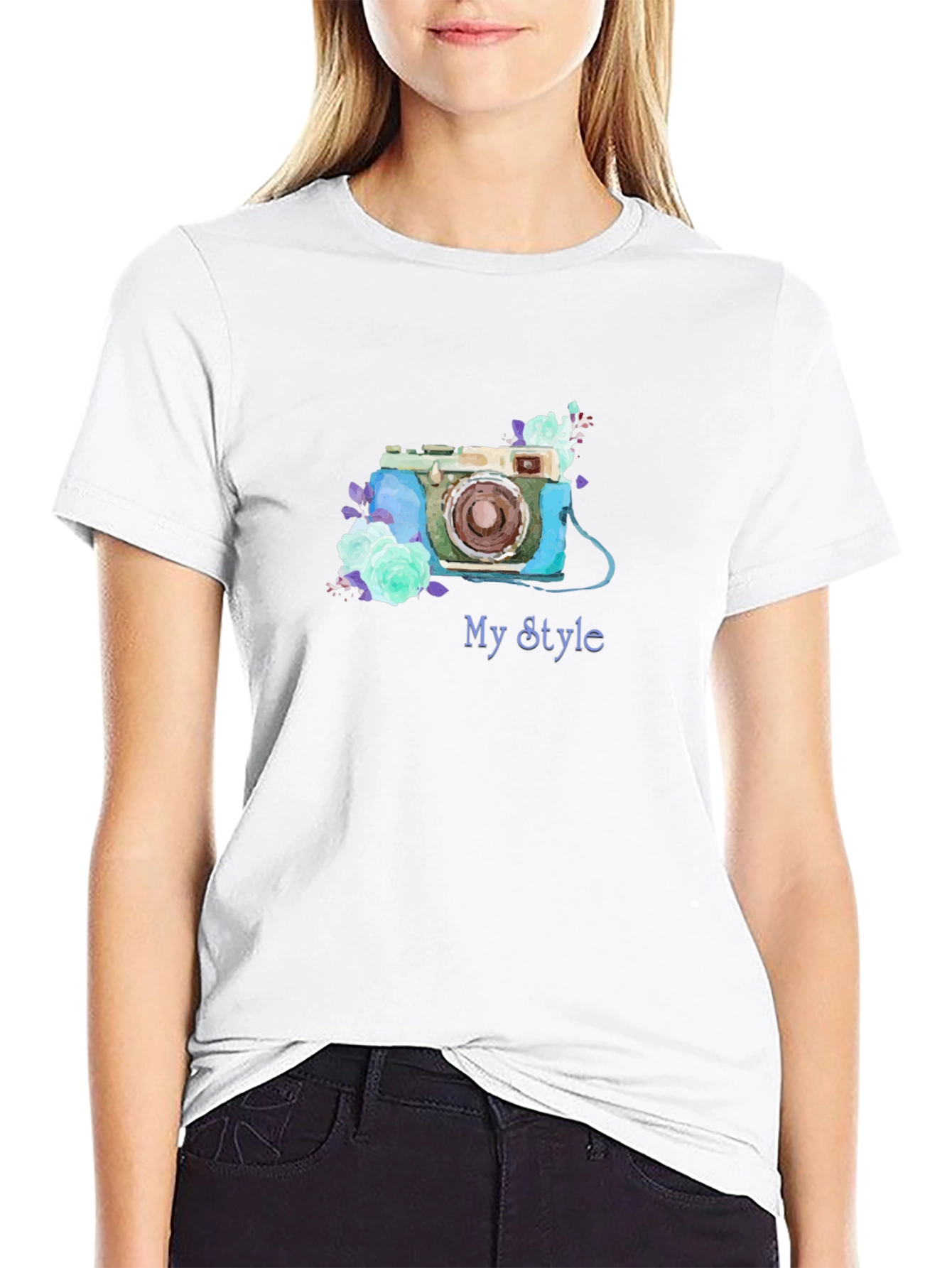 Black Retro Camera Floral Tee - My Style Black T-Shirt view 9