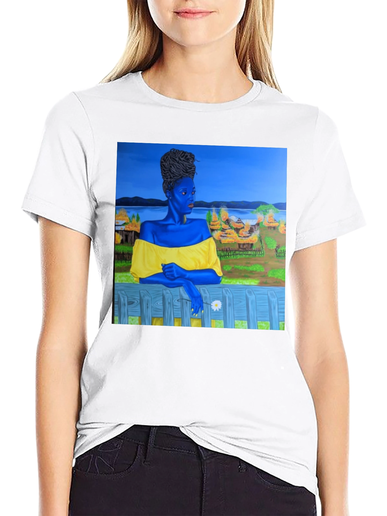 Black Black T-Shirt with Artistic Portrait Print view 9