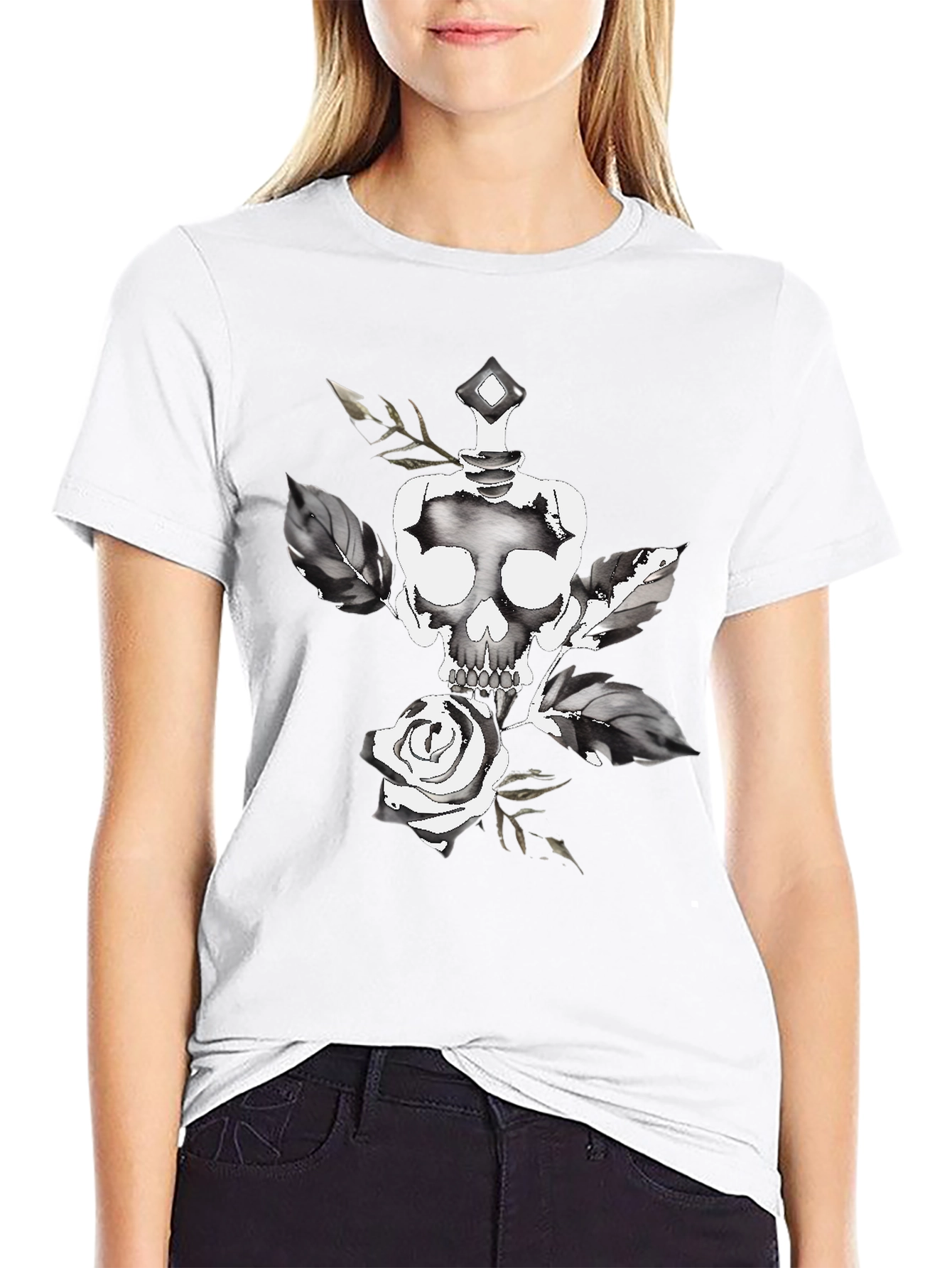 Black Skull & Rose Graphic Tee - Stylish Black Cotton T-Shirt view 9