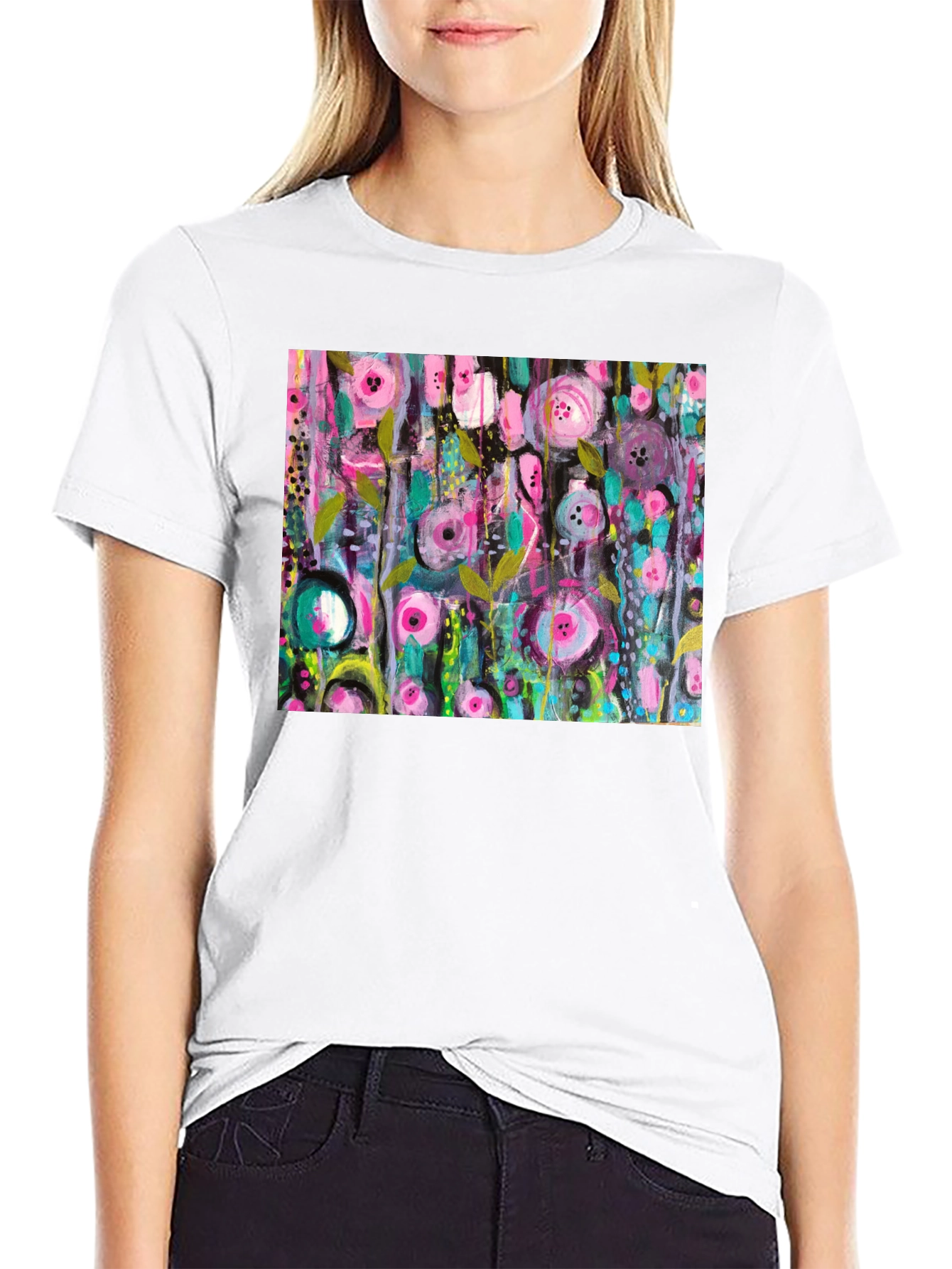 Black Abstract Floral Print Black T-Shirt view 9