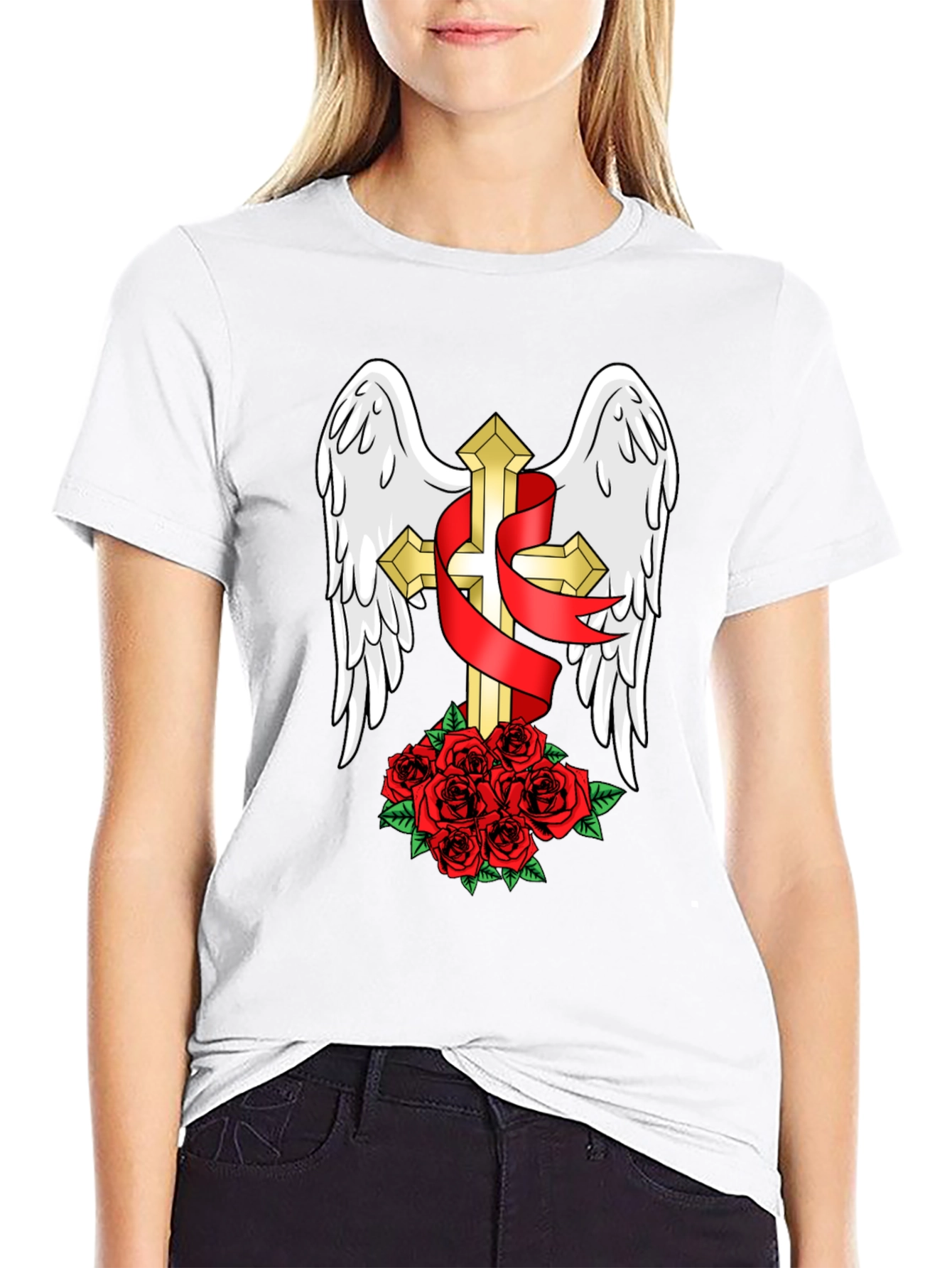 Black Winged Cross & Roses T-Shirt - Stylish Graphic Tee view 9