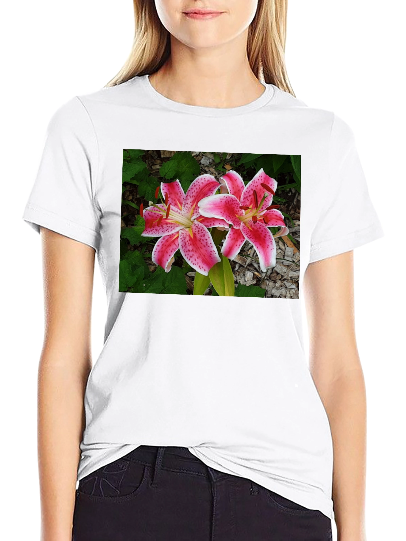 Black Floral Lily Print Black T-Shirt view 9
