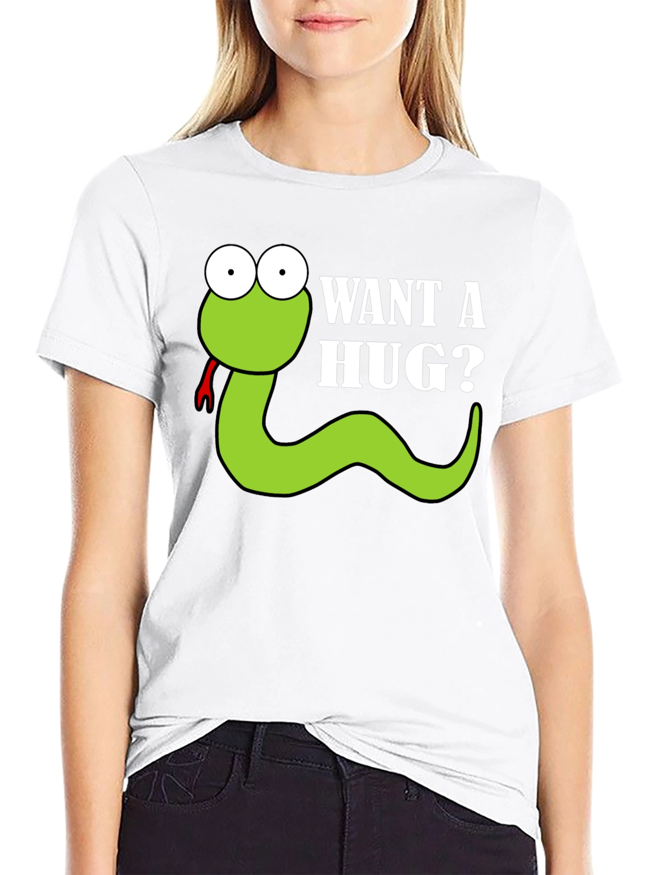 Black Want a Hug? Funny Snake Cartoon Graphic T-Shirt view 9