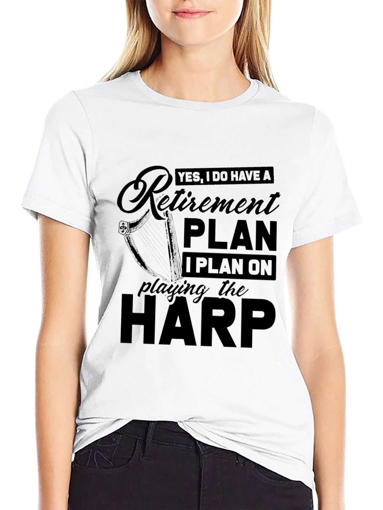 Black Retirement Plan Harp Player Black T-Shirt view 9