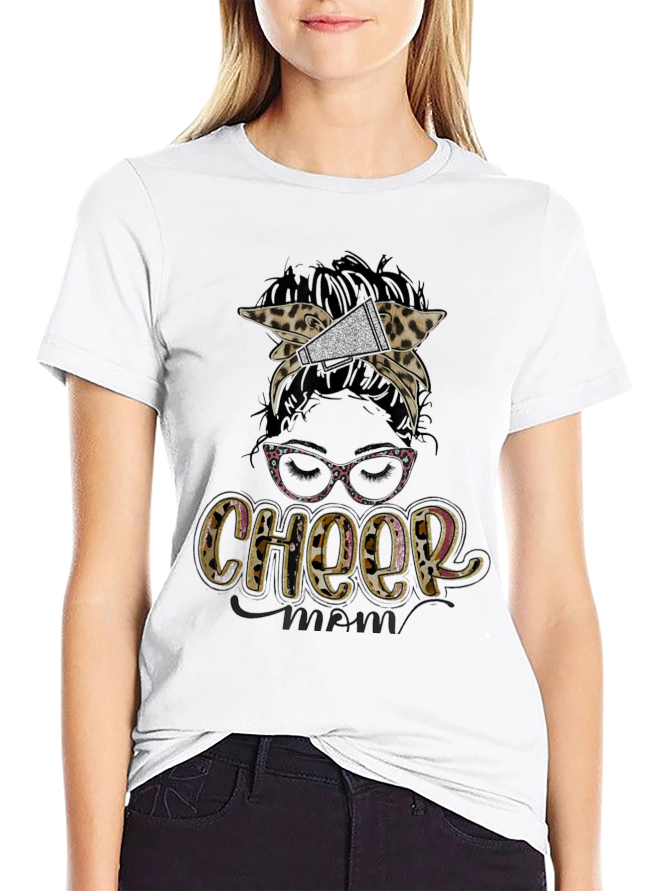 Cheer Mom Messy Bun Leopard Print T-Shirt - 9