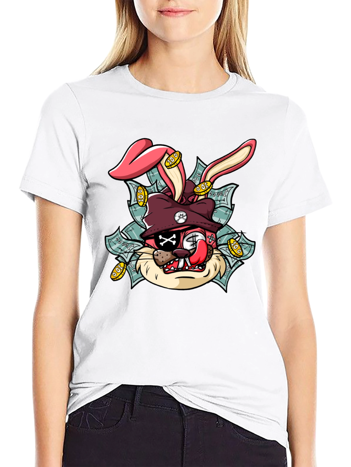 Black Cartoon Rabbit Graphic Black Tee view 9