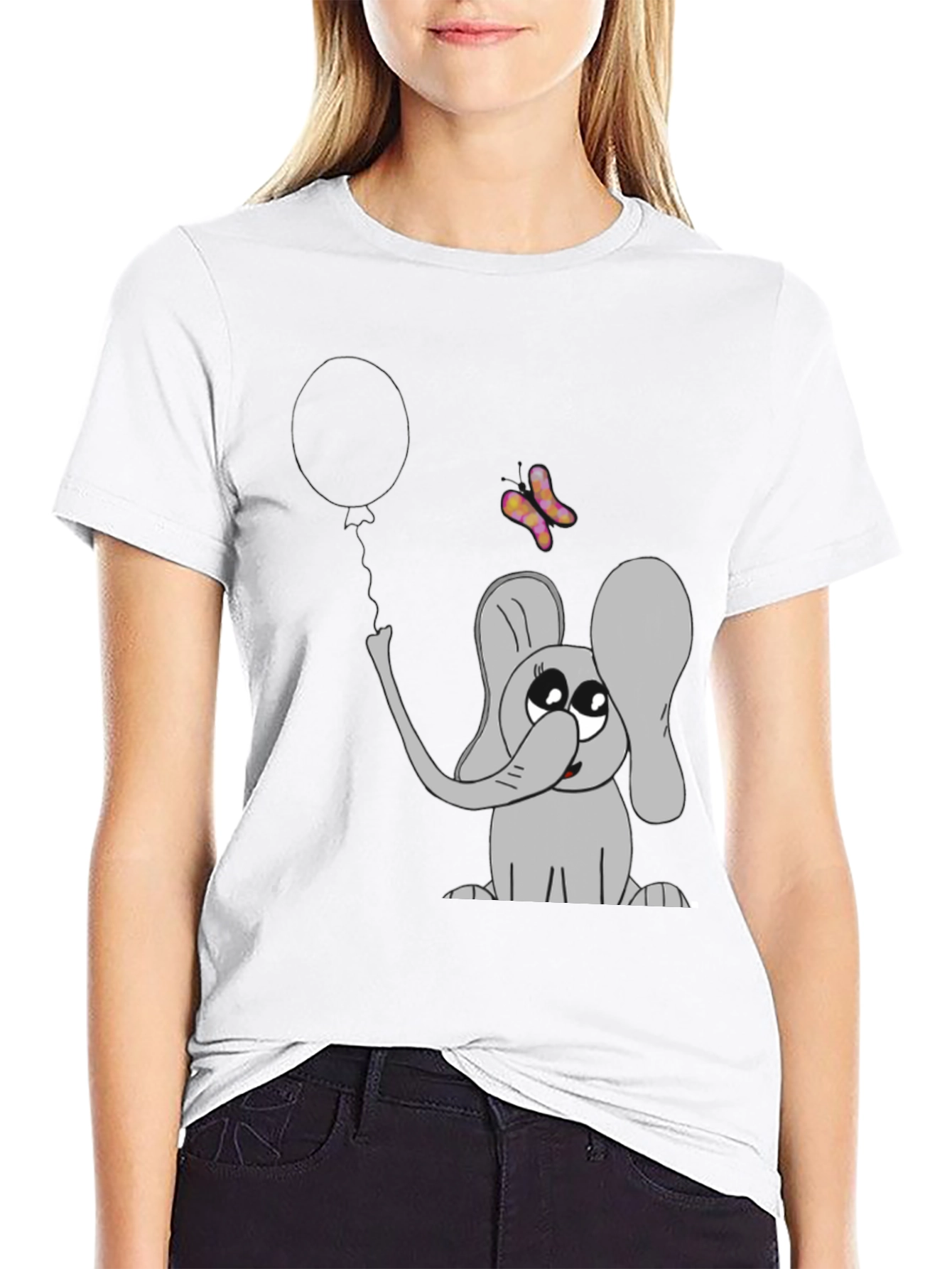 Black Cute Elephant Graphic Tee - Balloon & Butterfly Design view 9