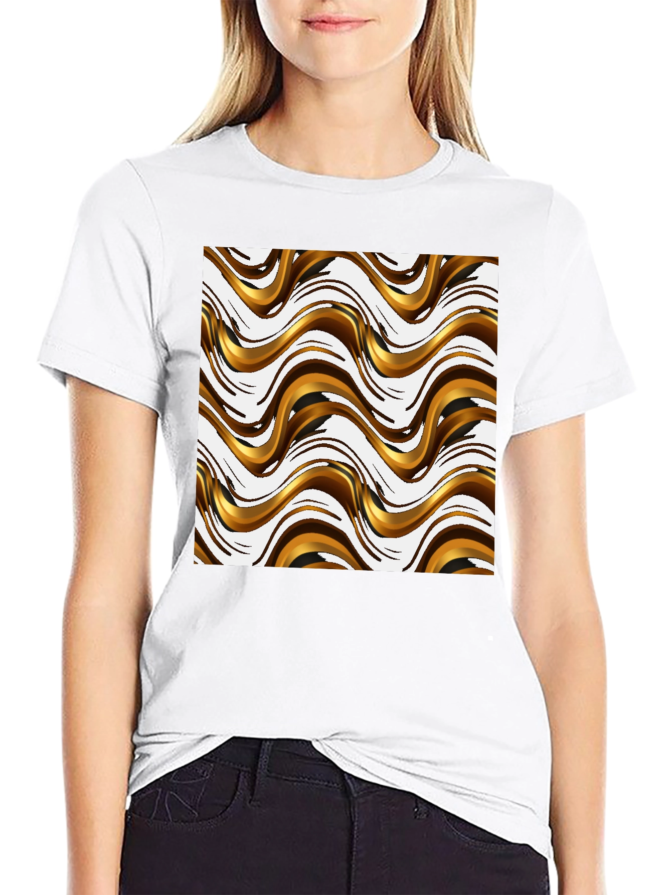 Black Stylish Black Tee with Abstract Gold Wave Design view 9