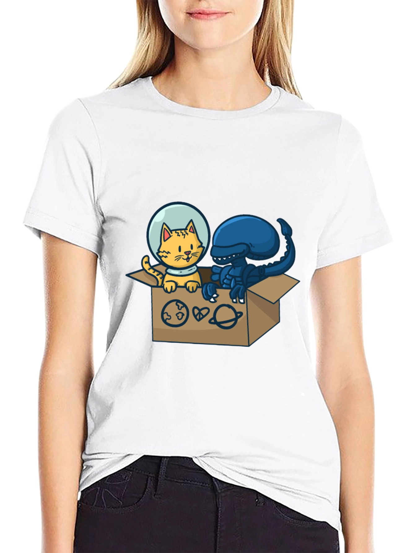 Black Cosmic Critters T-Shirt: Cat & Alien in Space! view 9