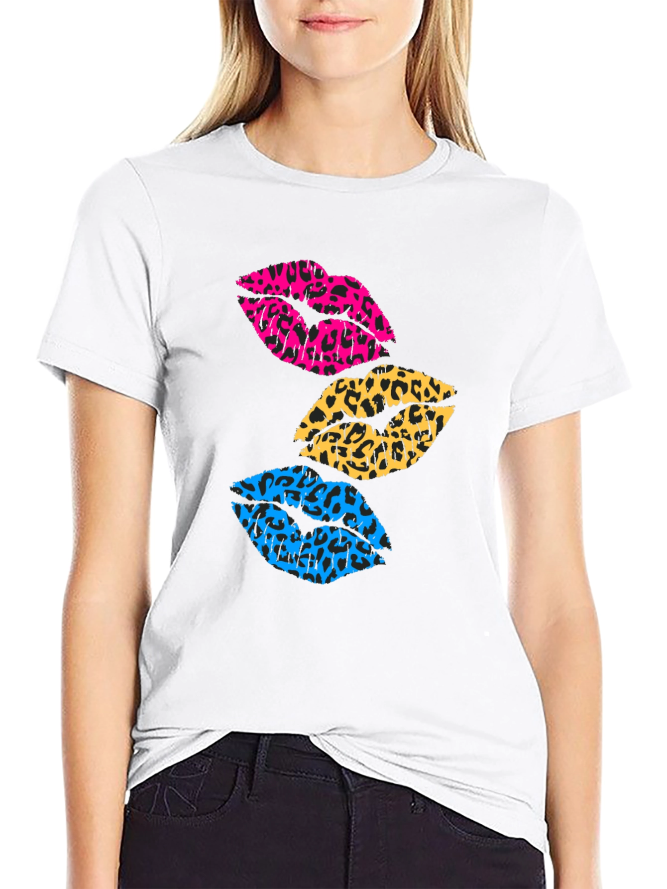Black Leopard Print Lips Graphic Tee - Trendy Casual Shirt view 9