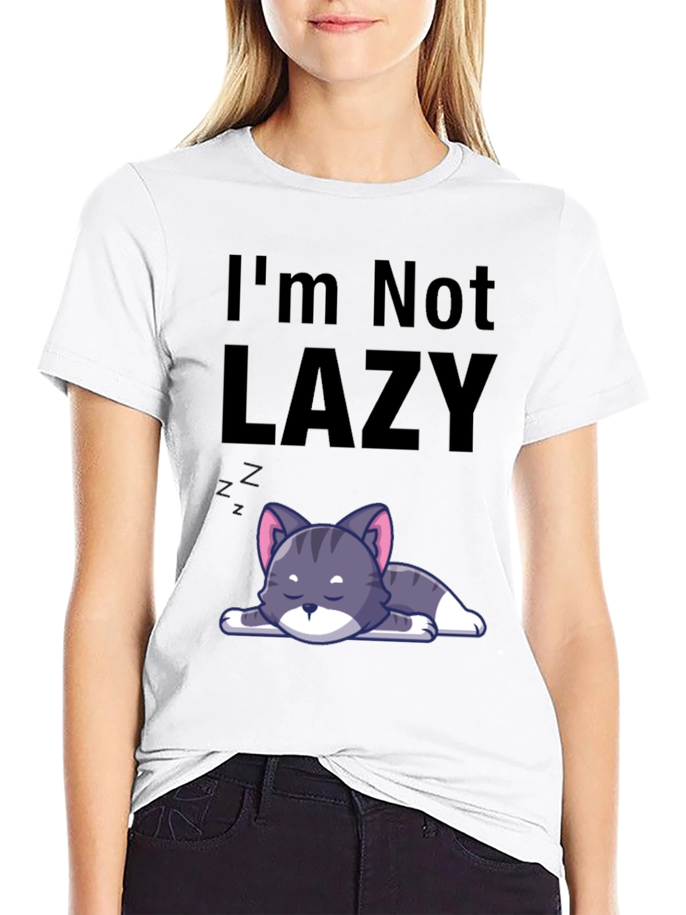 Black I'm Not Lazy Cat T-Shirt - Comfortable Cotton Blend view 9