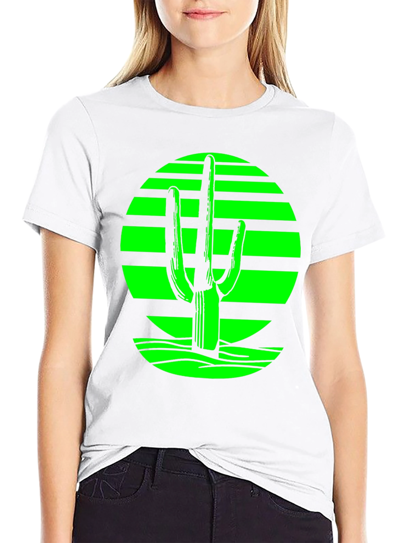 Black Retro Desert Cactus T-Shirt - Green on Black view 9