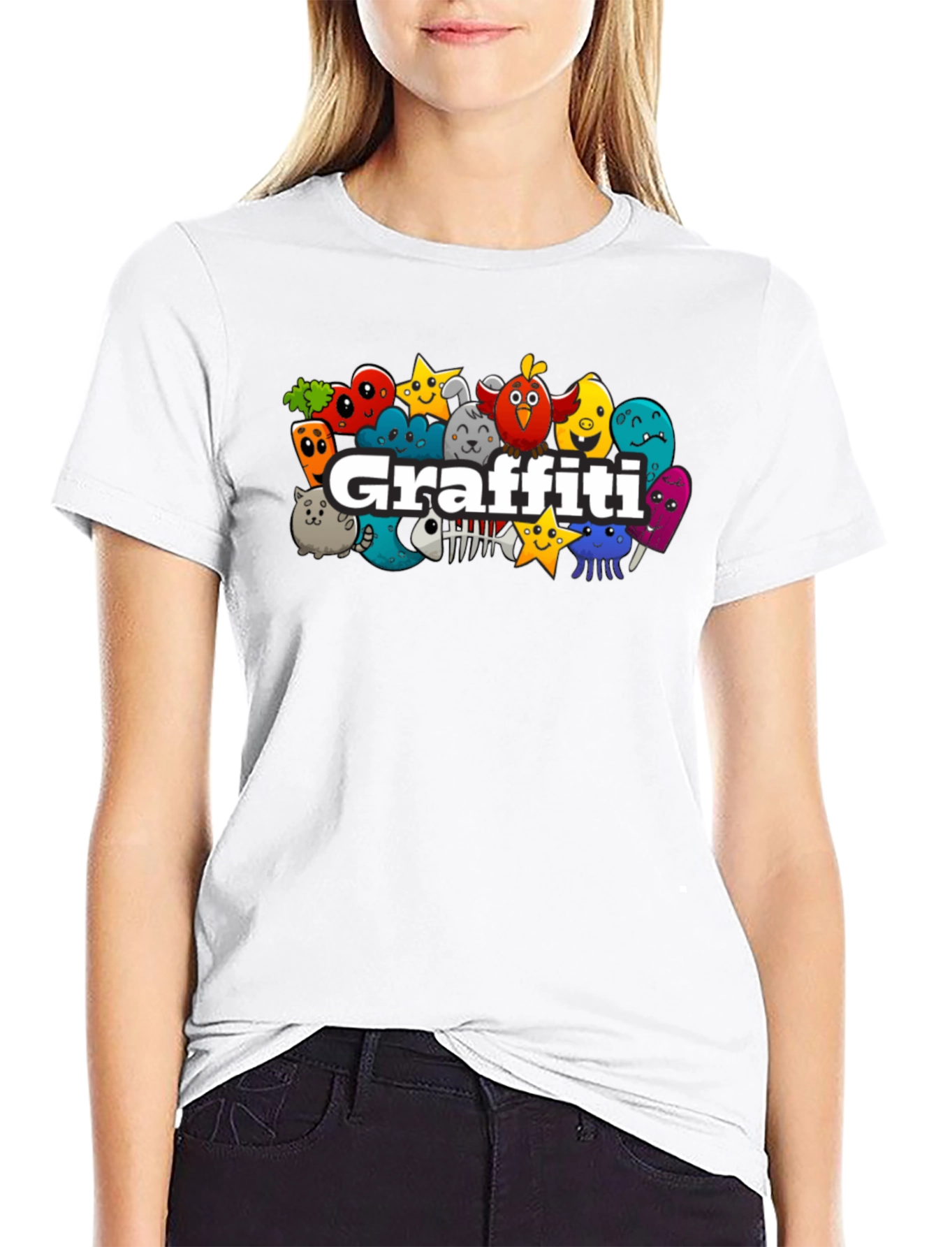 Black Graffiti Cartoon Graphic Black T-Shirt view 9