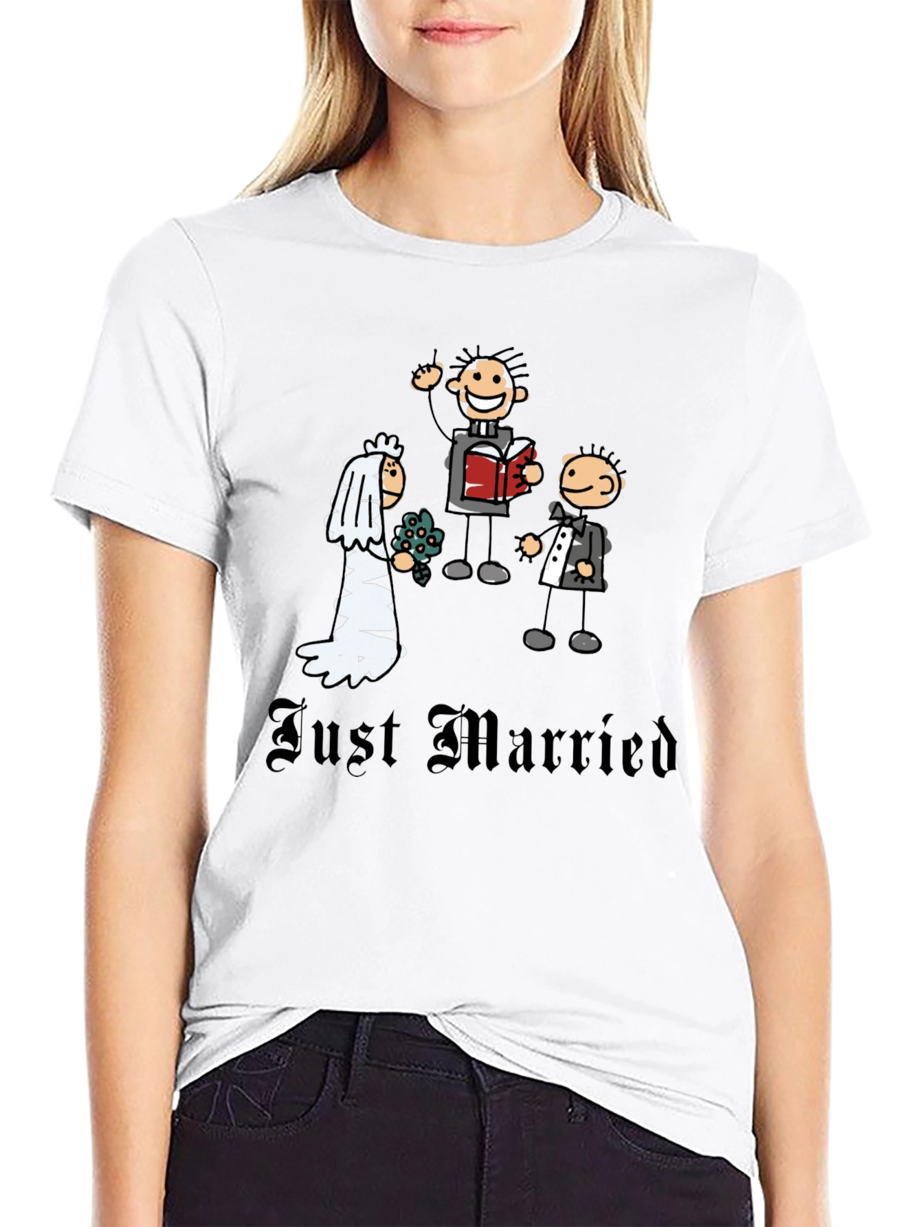 Black Just Married Cartoon Graphic T-Shirt - Novelty Wedding Tee view 9