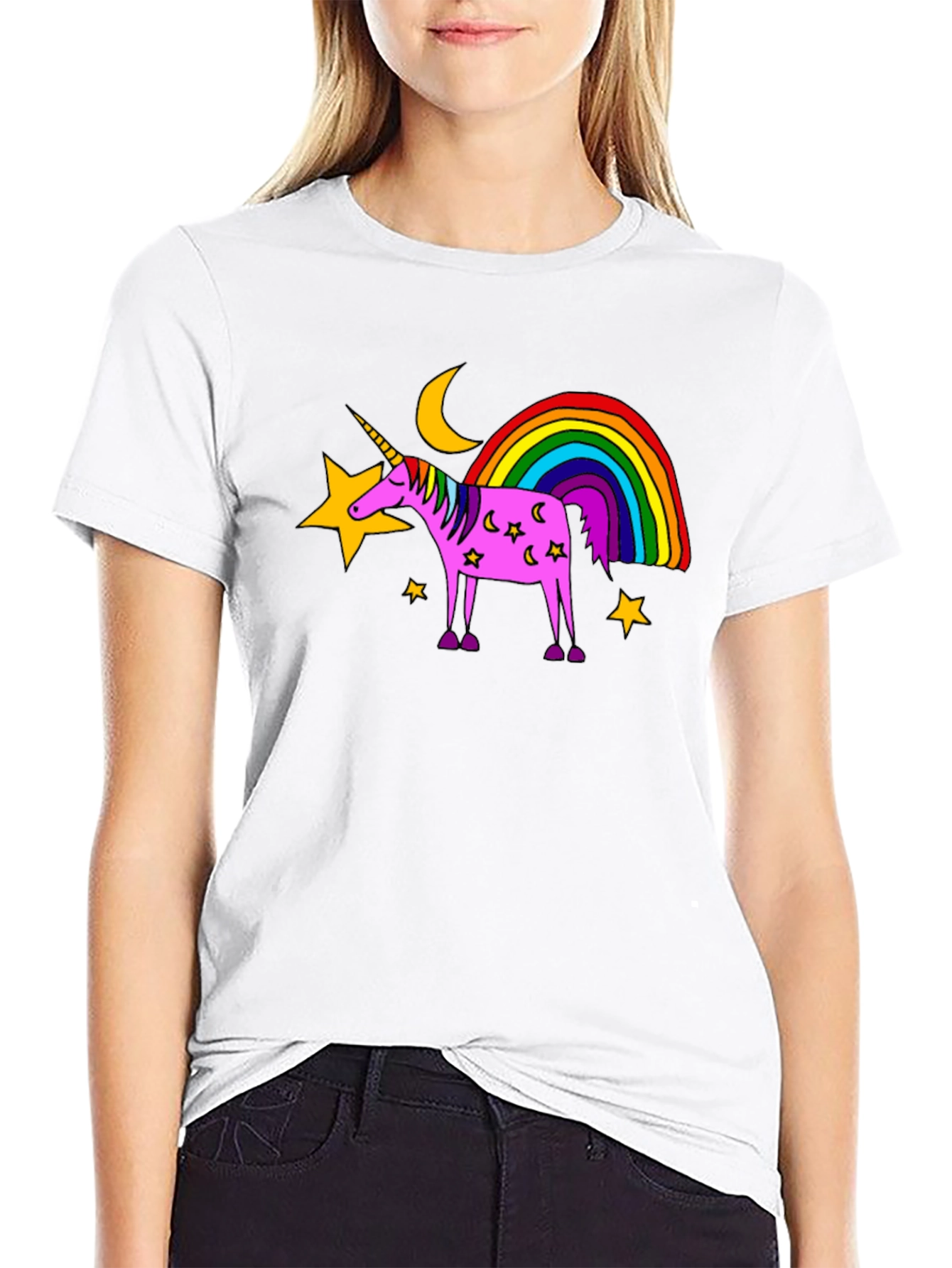 Black Unicorn Rainbow Graphic Tee - Black Cotton Casual Shirt view 9