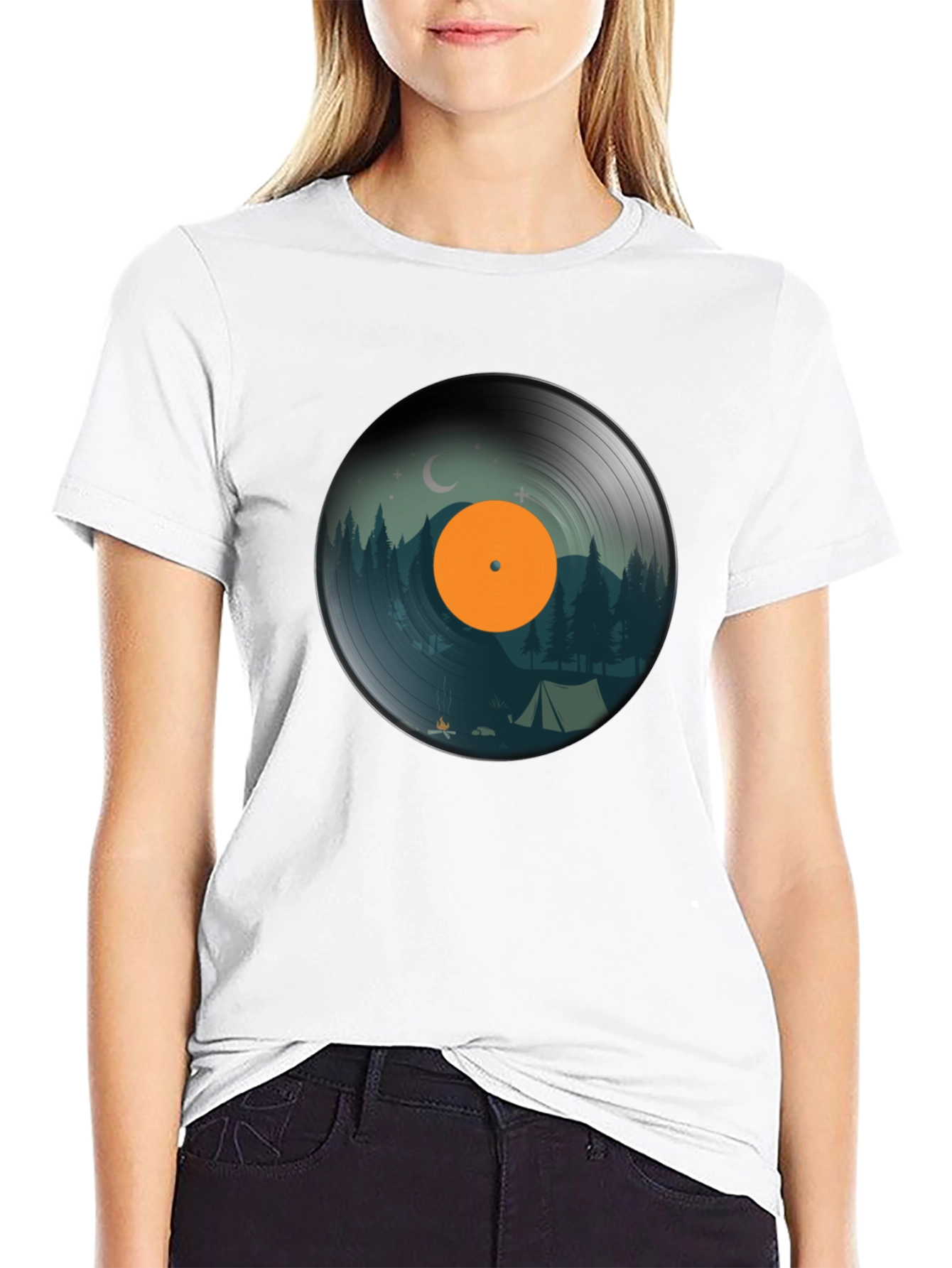 Black Camping Vinyl Record Graphic Tee - Nature Lover Shirt view 9