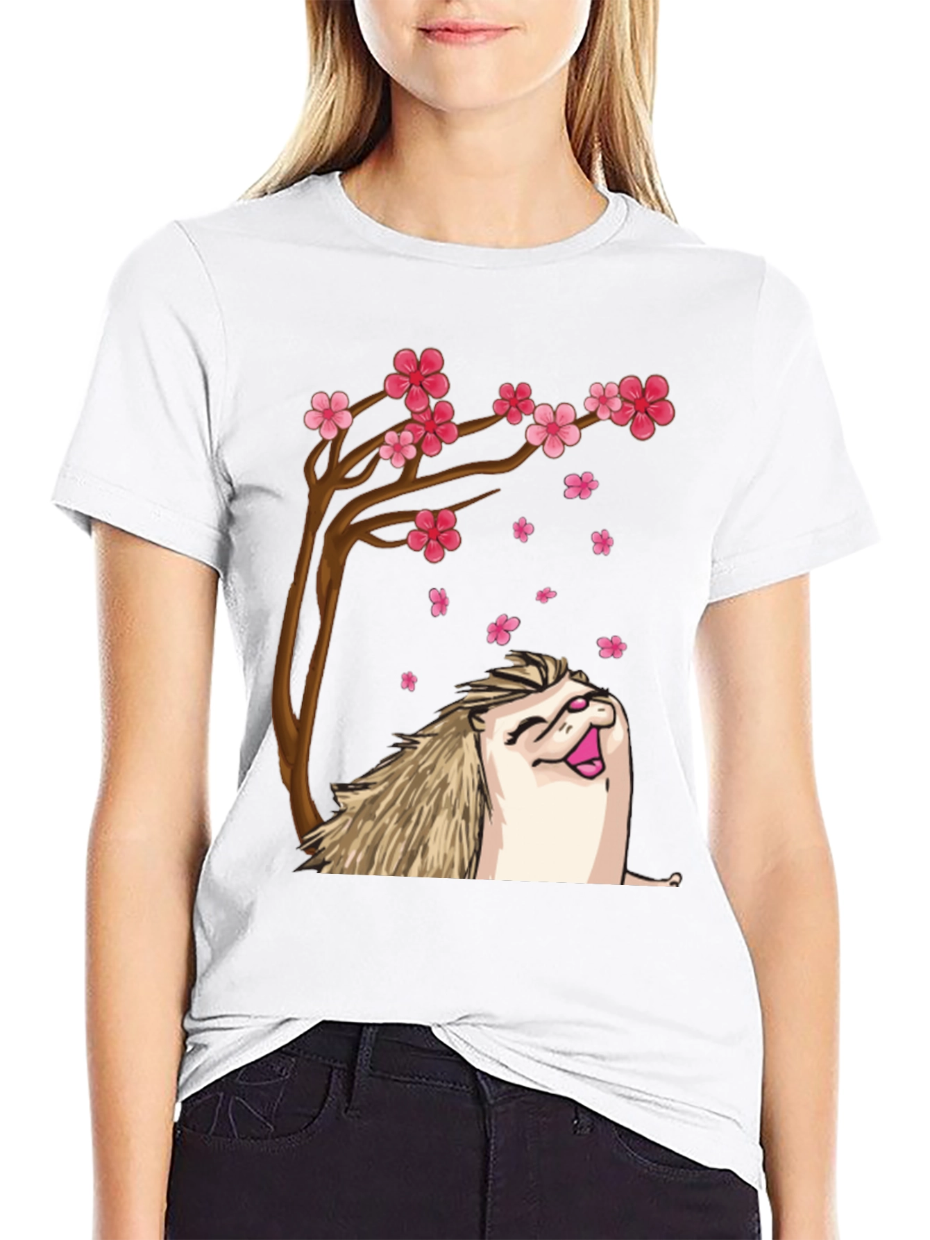 Black Hedgehog Sakura Tree Black T-Shirt view 9