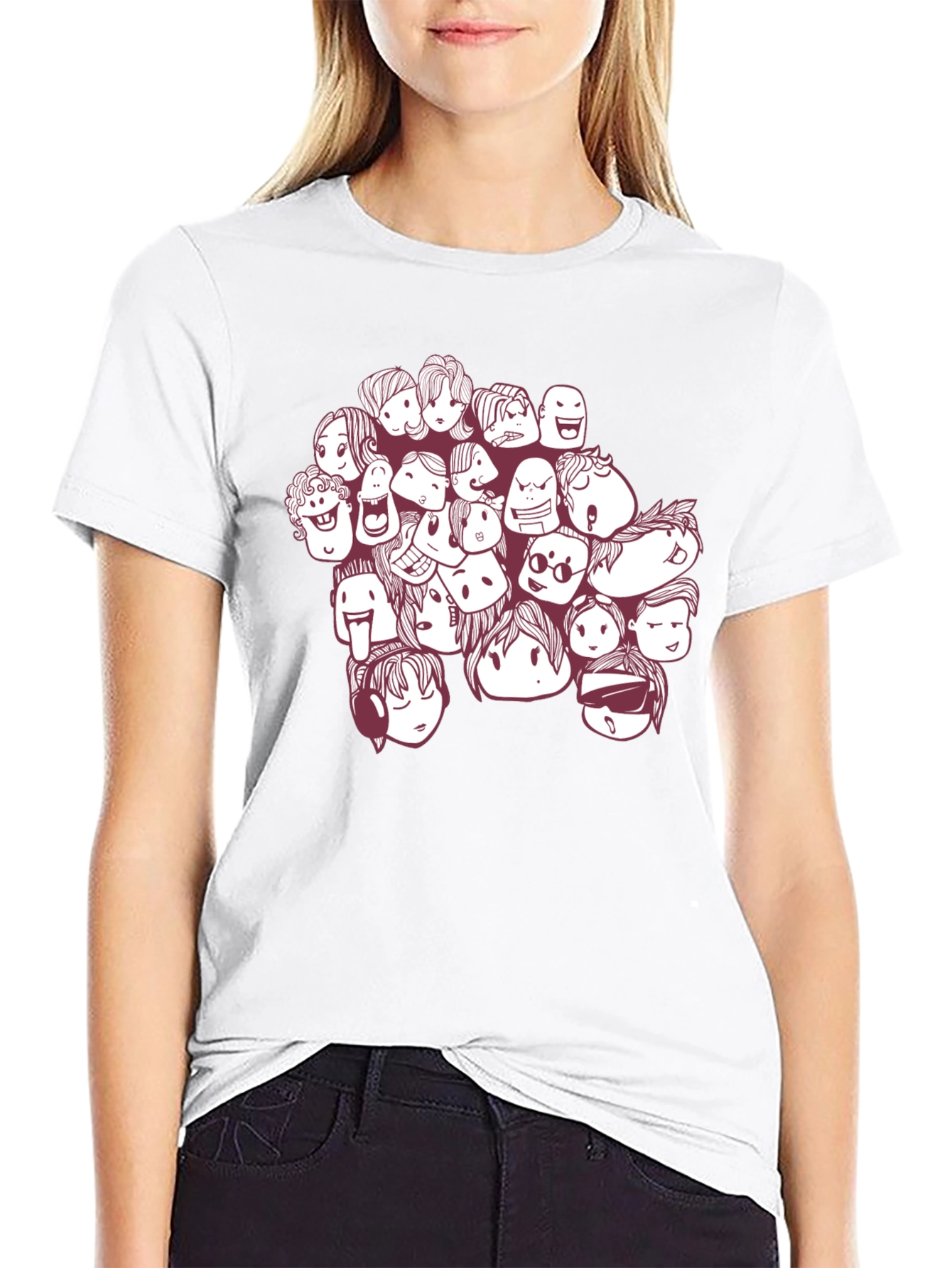 Black Cartoon Faces Graphic Print Black T-Shirt view 9