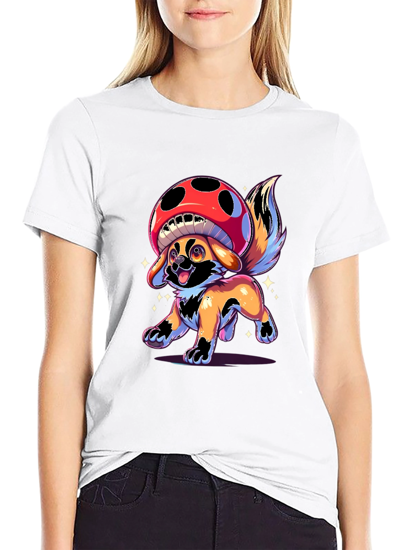 Black Mushroom Dog Graphic T-Shirt - Fun Cartoon Design view 9