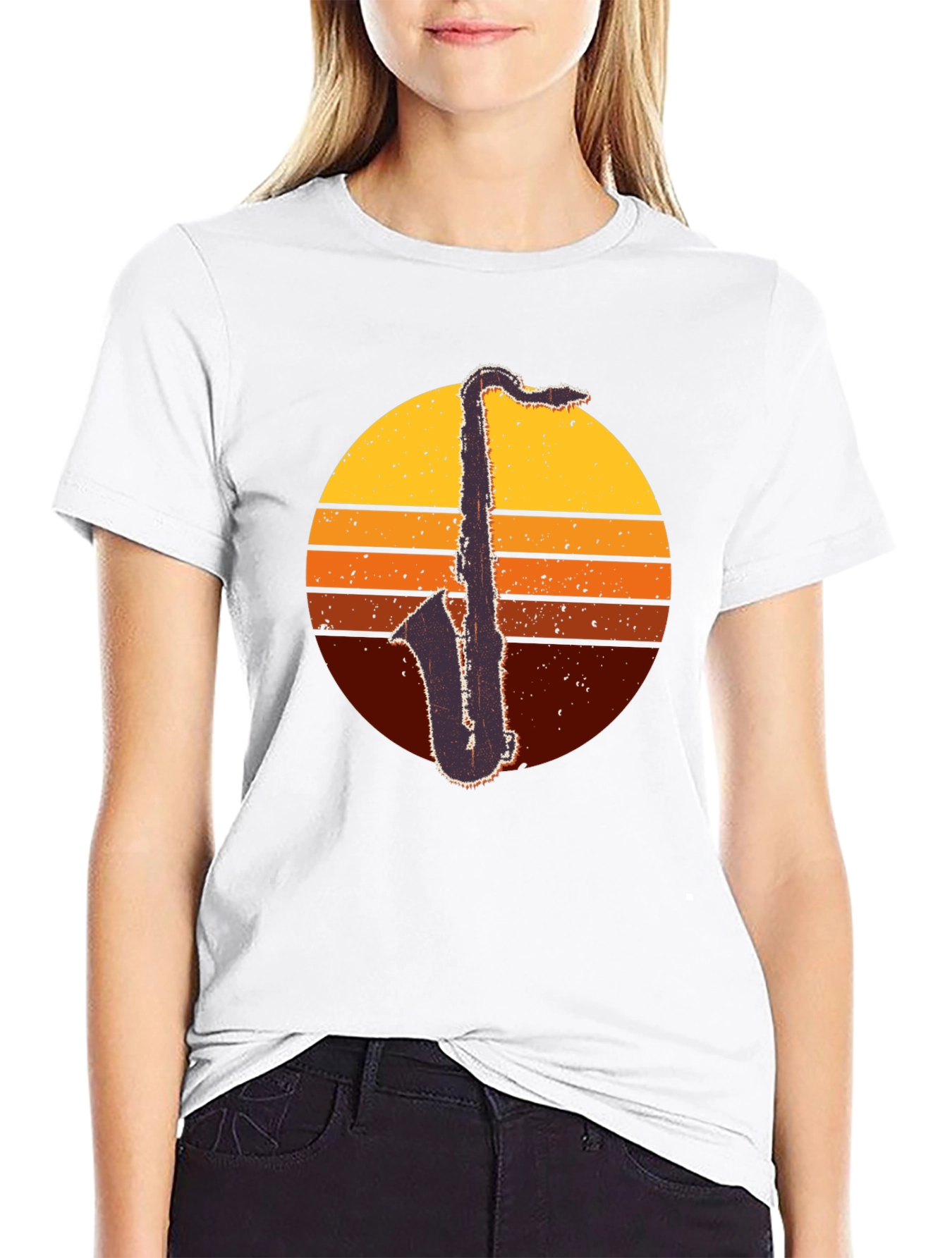 Black Retro Saxophone Sunset T-Shirt - Classic Cool view 9