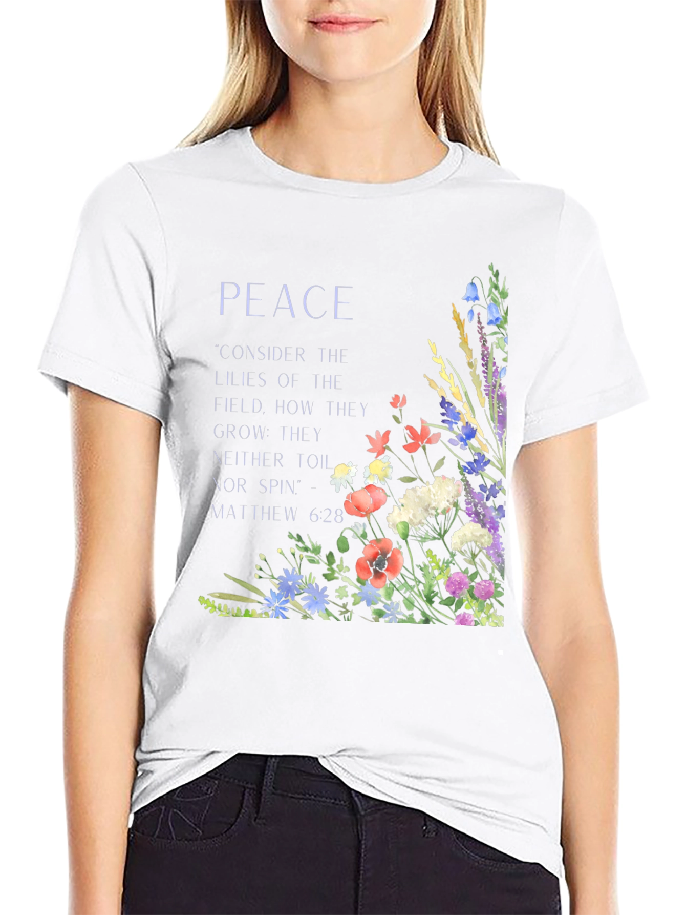 Black Peace Floral T-Shirt - Matthew 6:28 Scripture Tee view 9