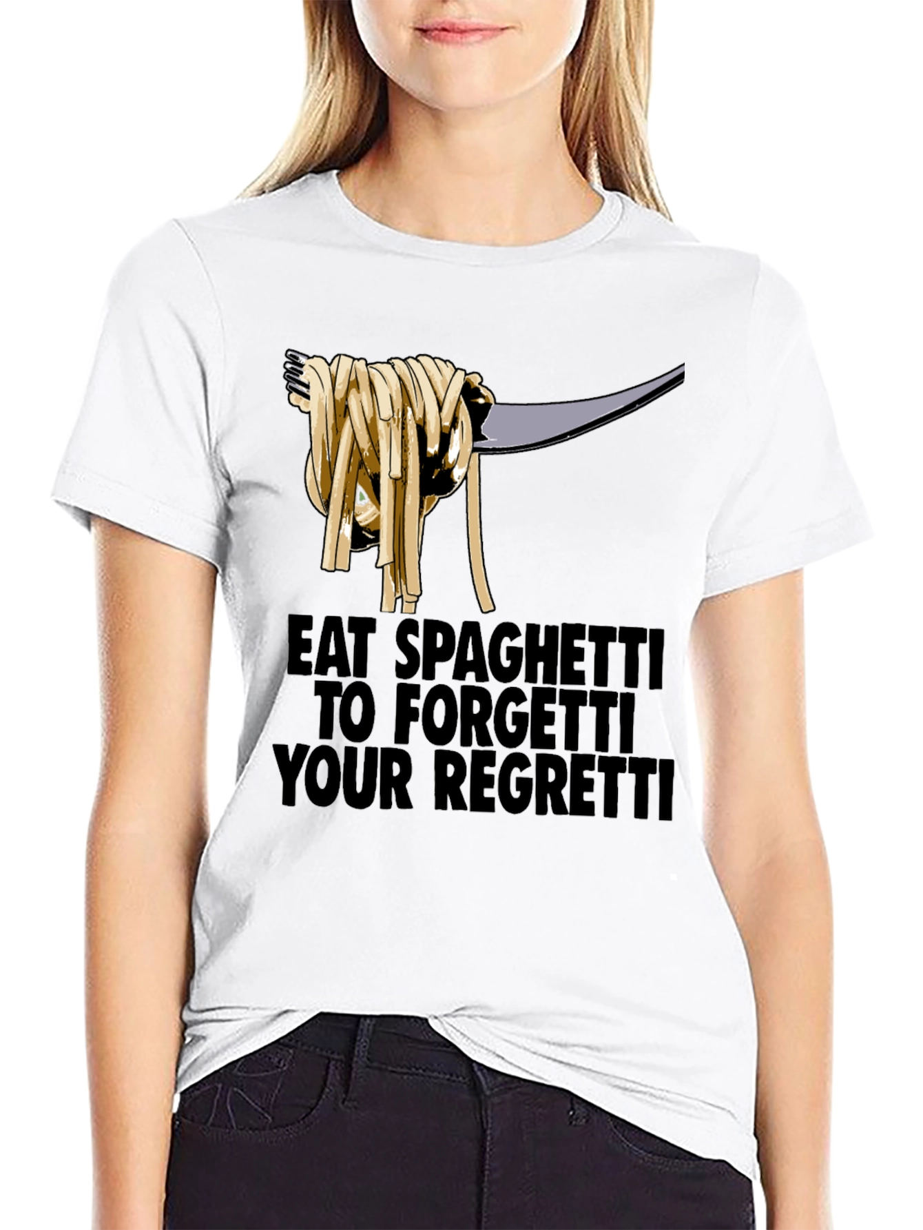Black Eat Spaghetti To Forgetti Your Regretti T-Shirt view 9