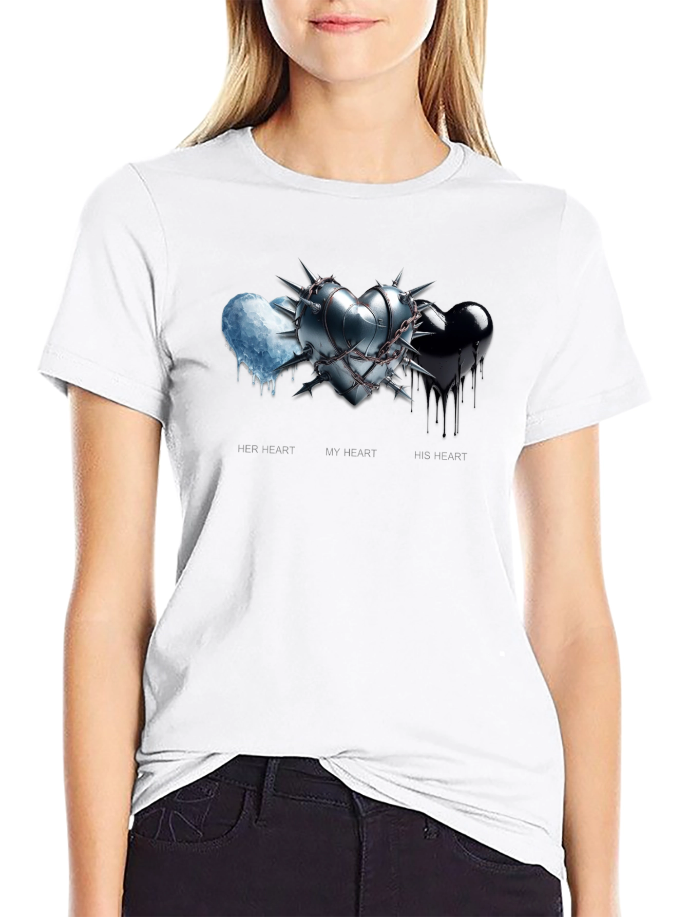 Black Heart Trio Graphic Tee - Her, My, His Hearts view 9