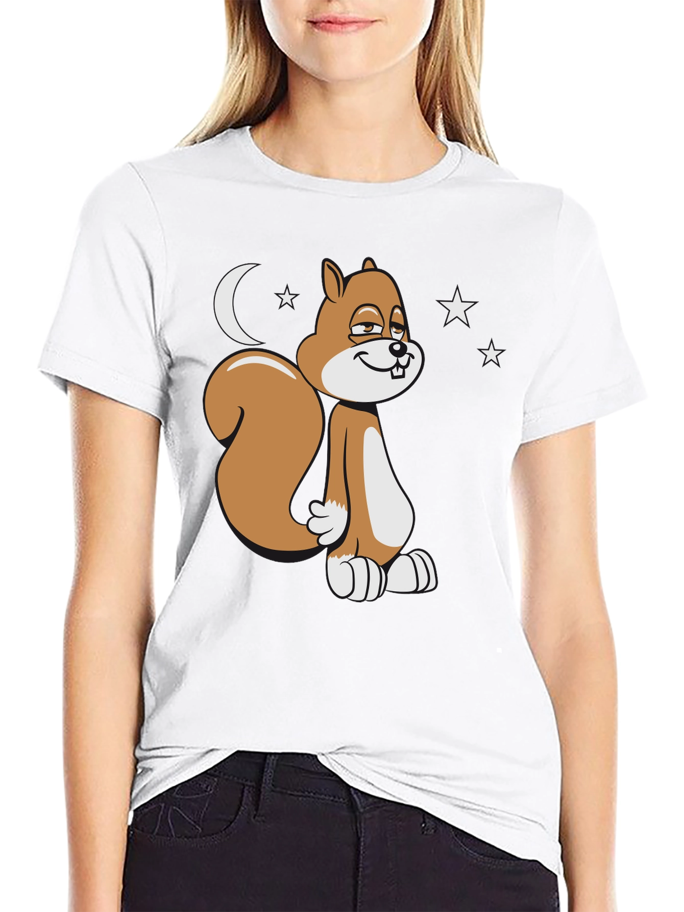 Black Funny Squirrel Moon Stars Graphic T-Shirt view 9