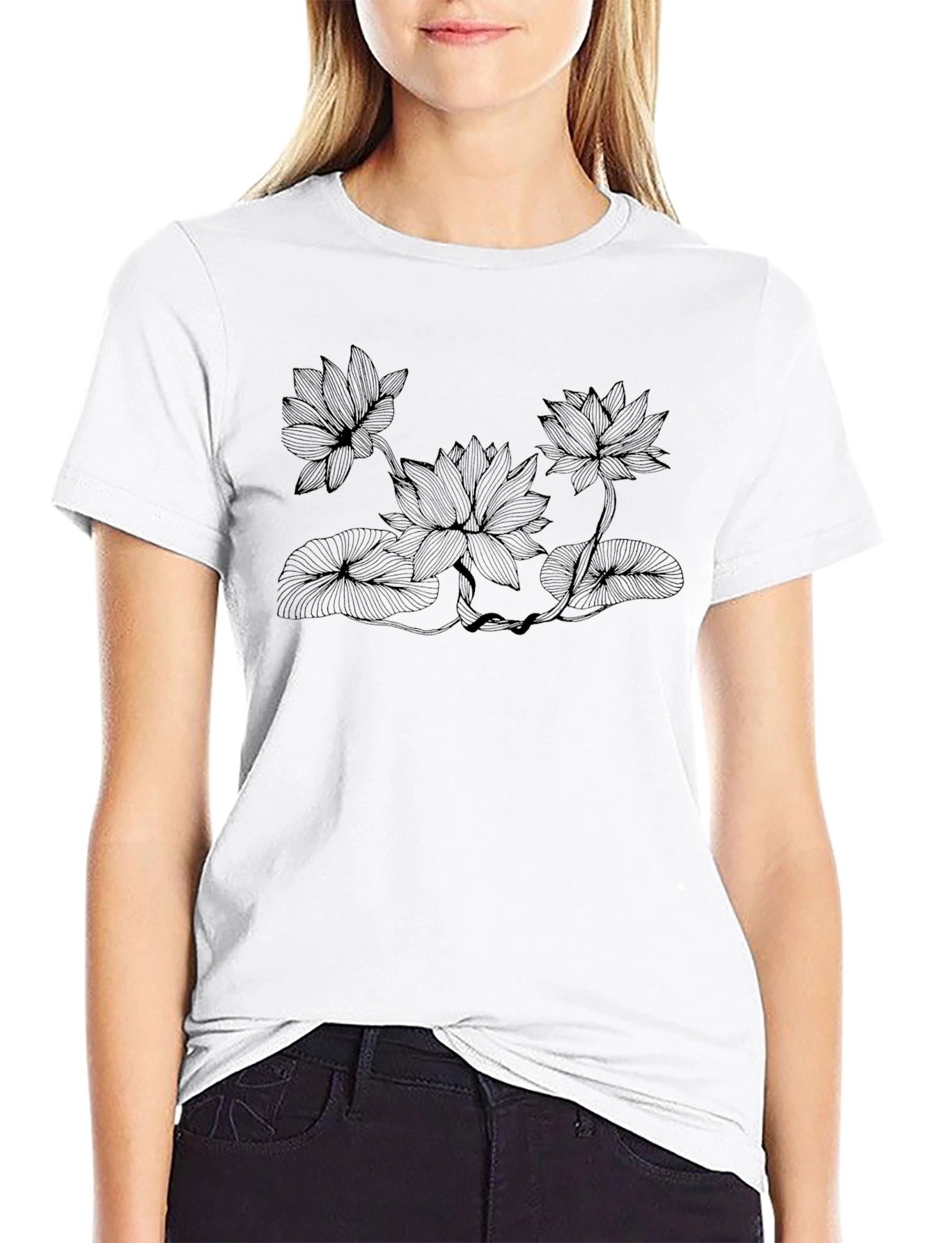 Black Lotus Flower Graphic Print Black T-Shirt view 9