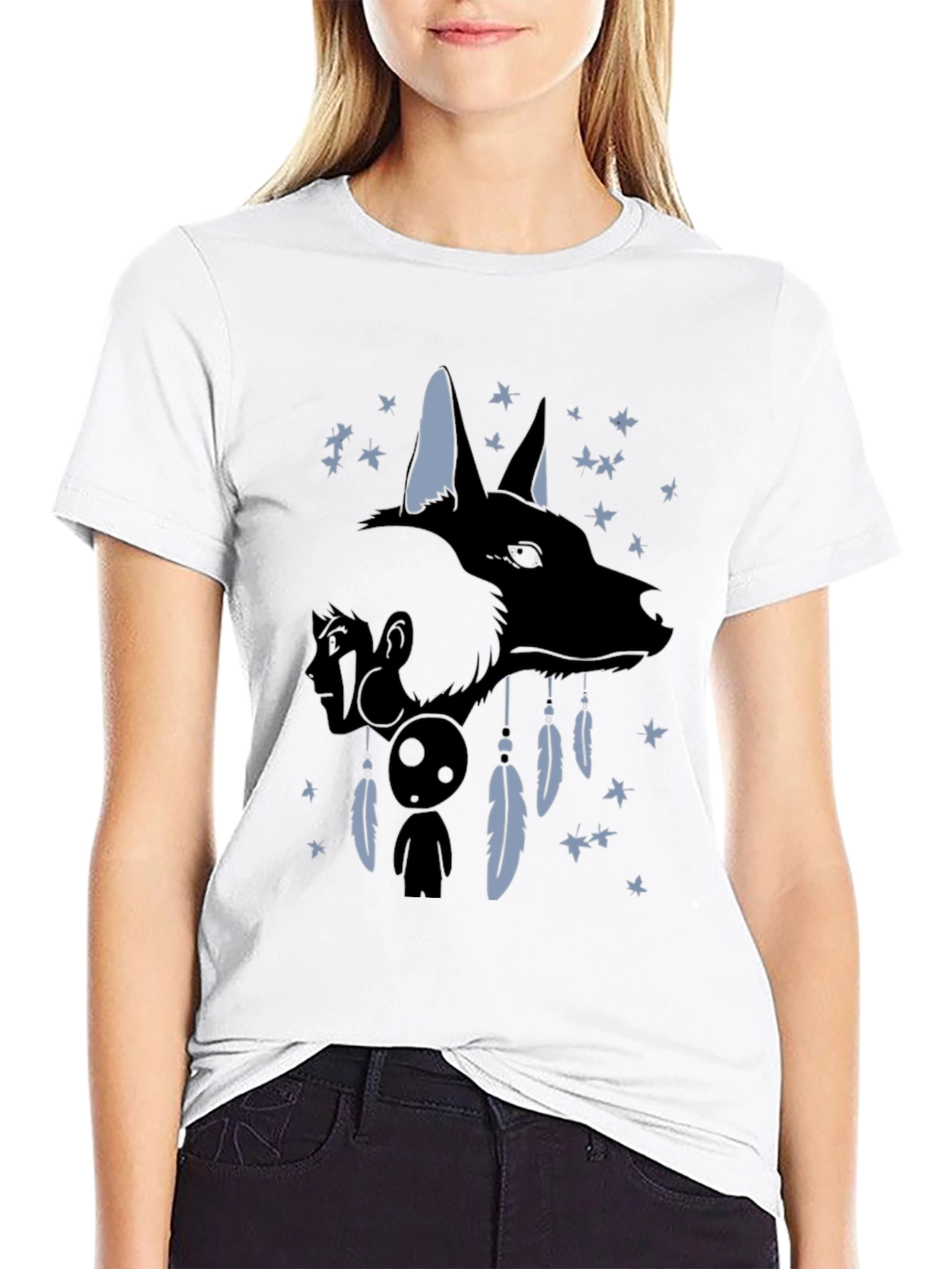 Black Anime Wolf Dreamcatcher Graphic T-Shirt view 9