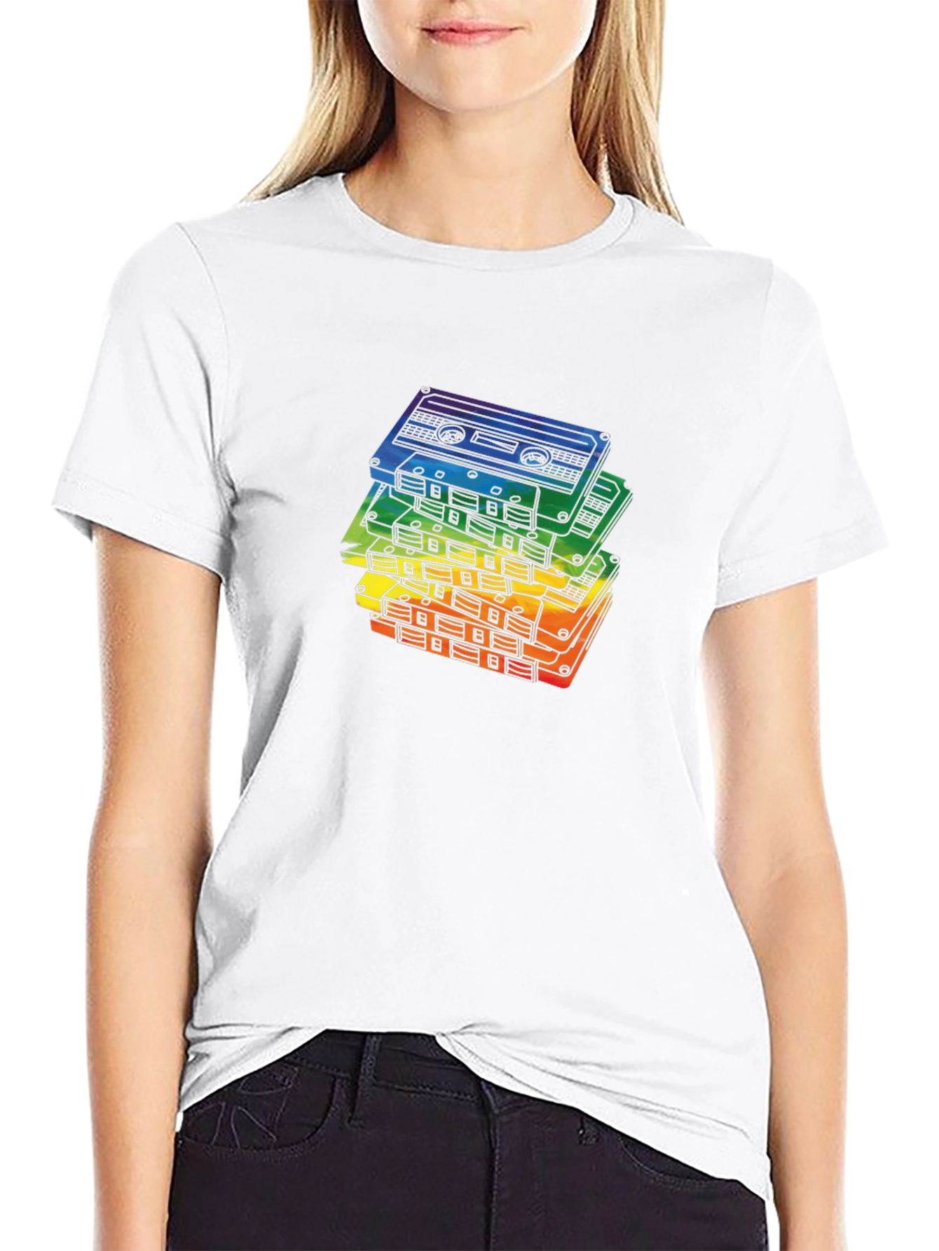 Black Retro Rainbow Cassette Tapes Black T-Shirt view 9