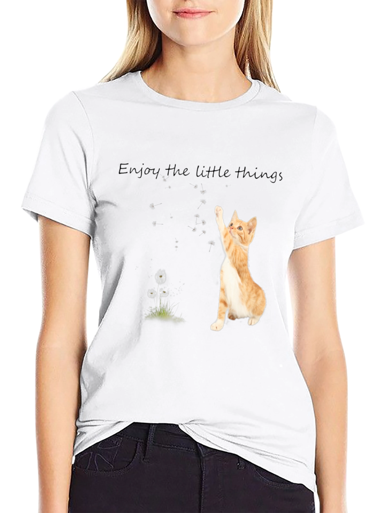 Black Cute Cat 'Enjoy the Little Things' Black T-Shirt view 9
