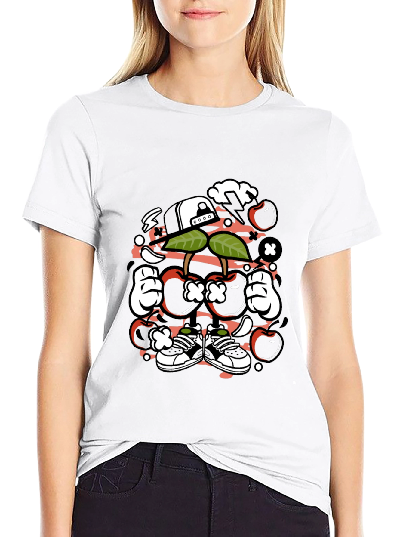Black Unique Cartoon Cherry Graphic Black T-Shirt view 9