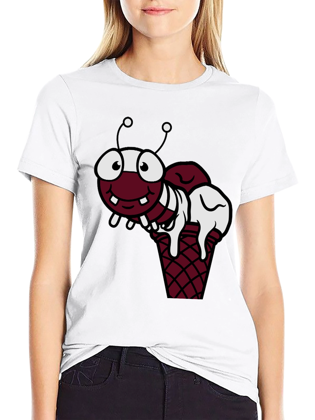 Black Funny Cartoon Ant Ice Cream Cone Black T-Shirt view 9