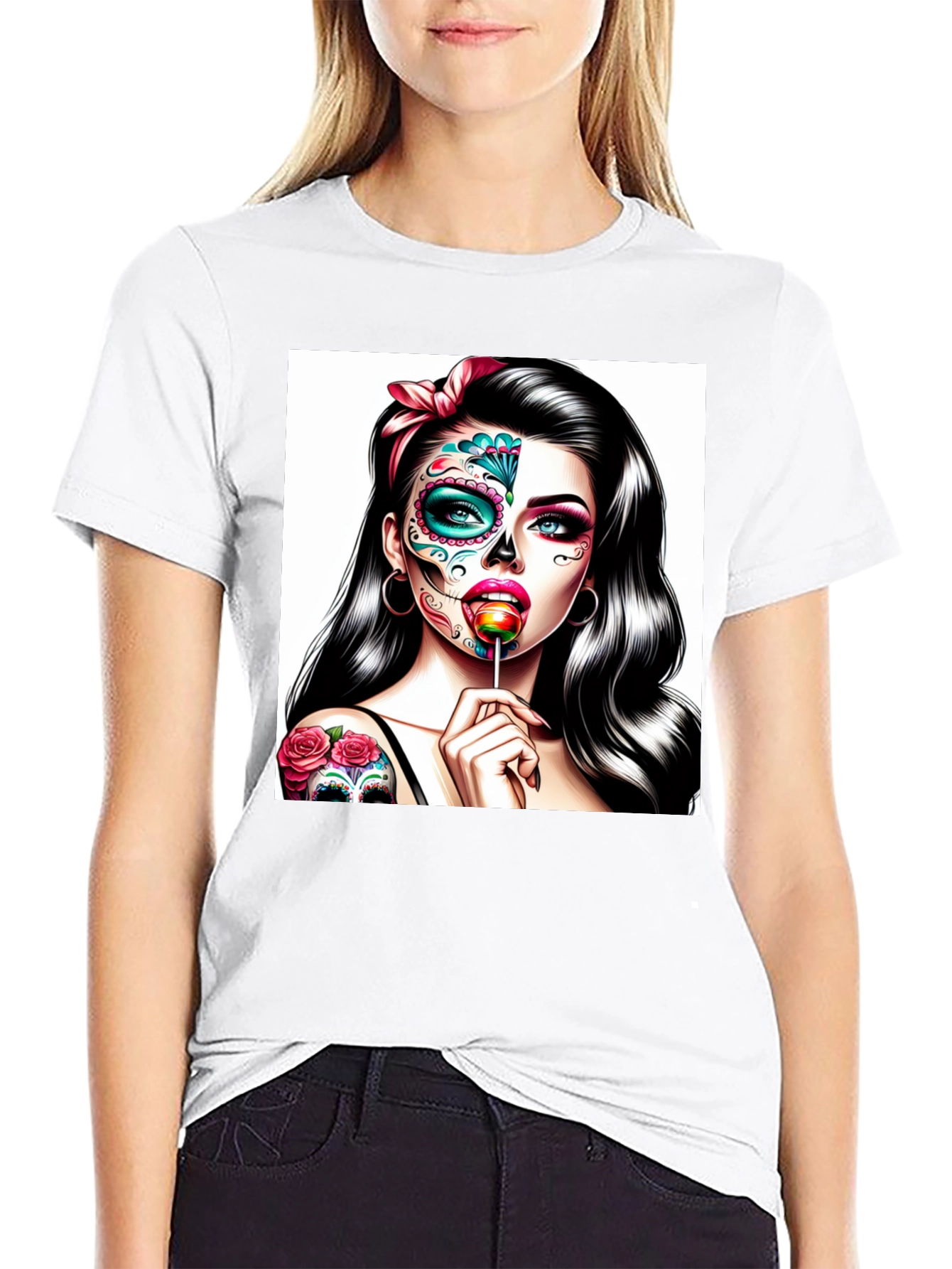 Black Sugar Skull Girl T-Shirt - Dia de los Muertos Art view 9