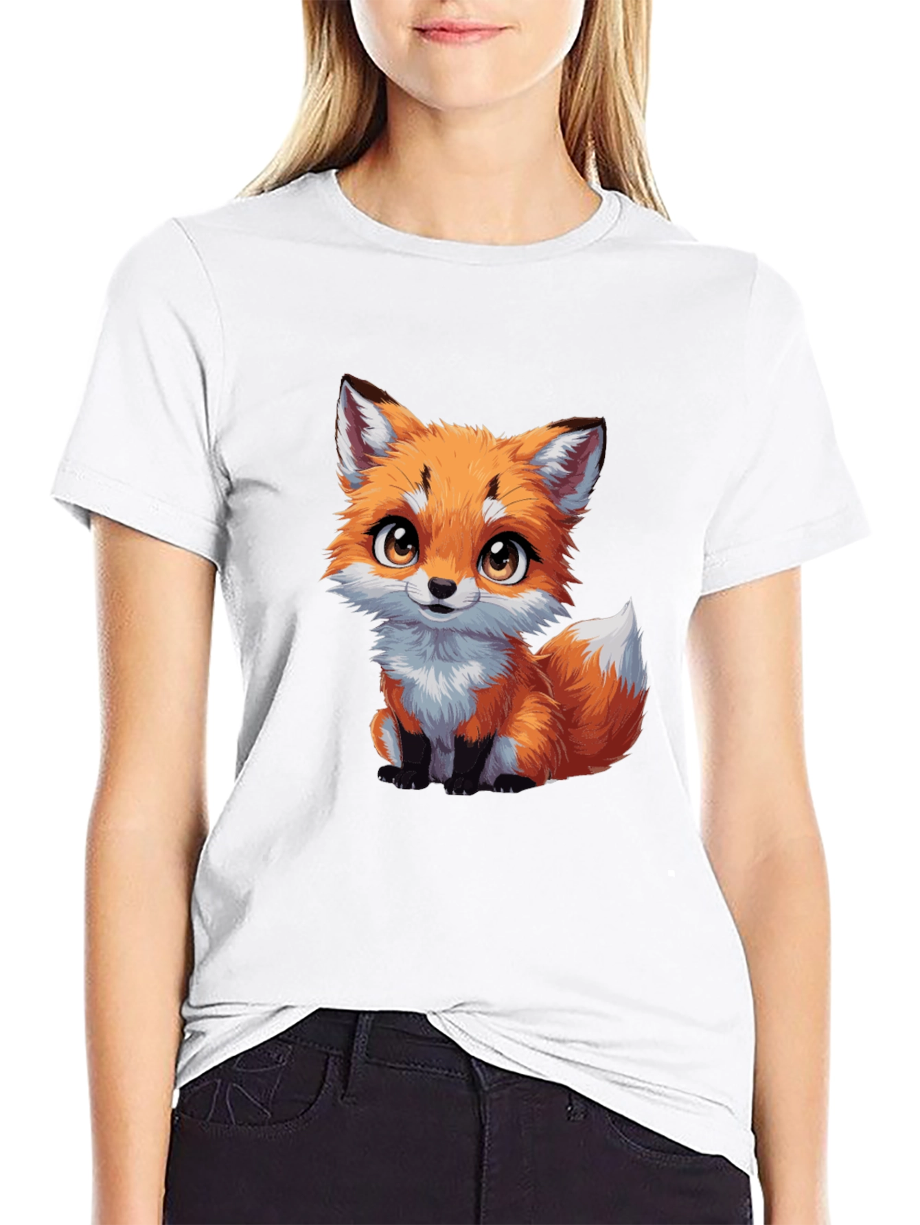 Black Cute Fox Graphic Tee - Black Cotton T-Shirt view 9