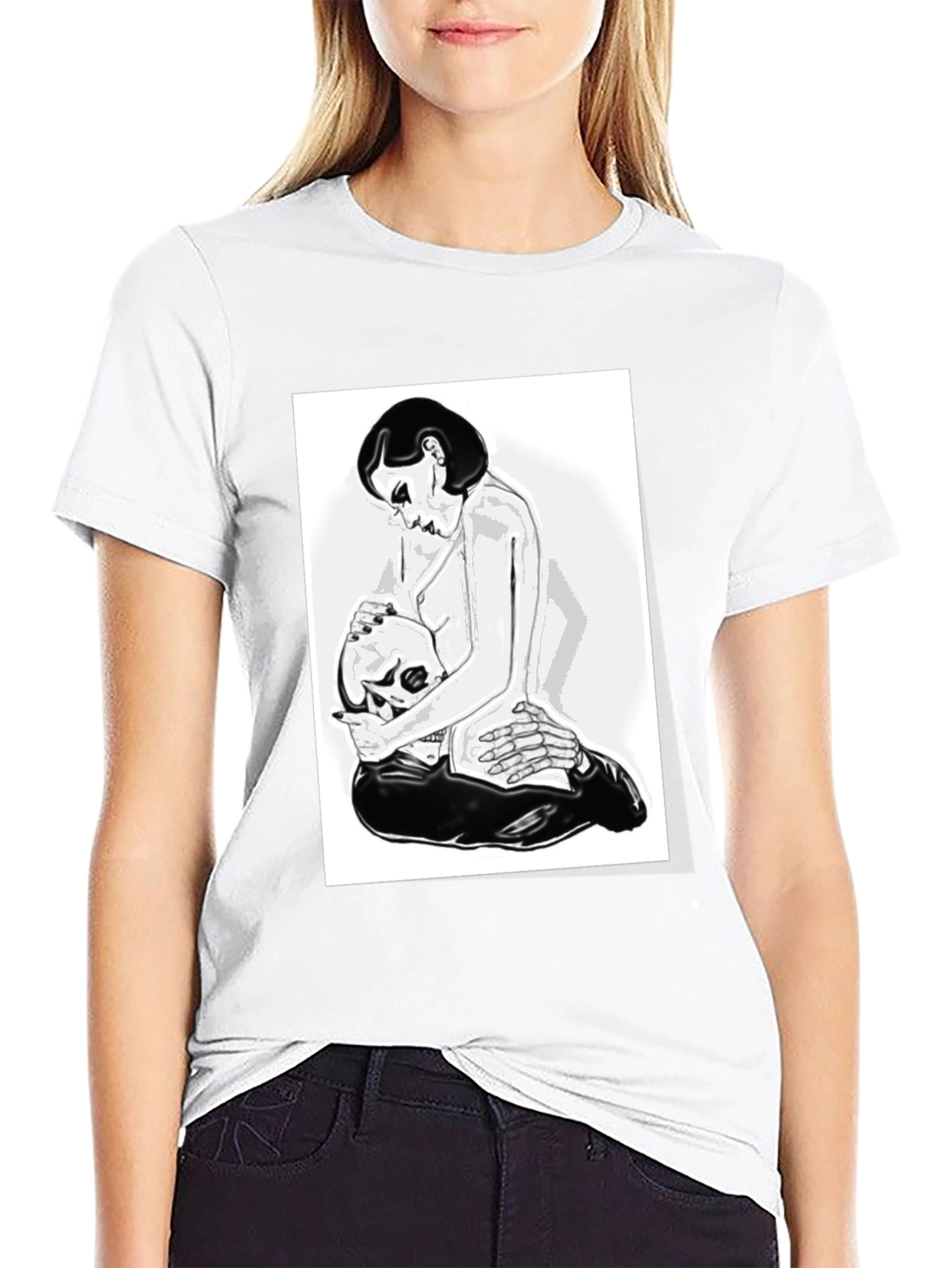 Black Graphic T-Shirt - Woman and Skull Design view 9