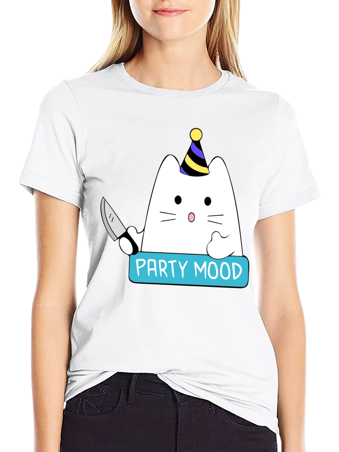 Black Party Mood Cat T-Shirt - Funny Graphic Tee view 9