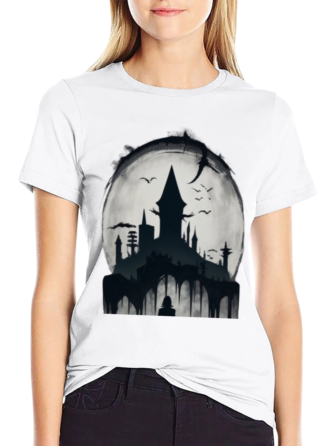 Black Moonlit Castle Graphic Tee - Gothic Style Shirt view 9