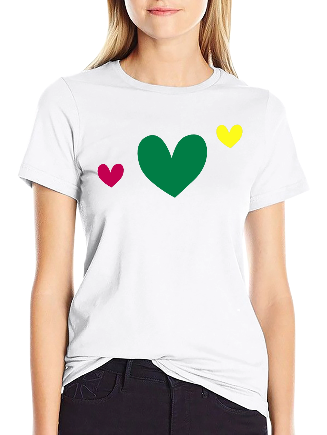 Black Heart Trio T-Shirt - Green, Pink, Yellow Hearts view 9