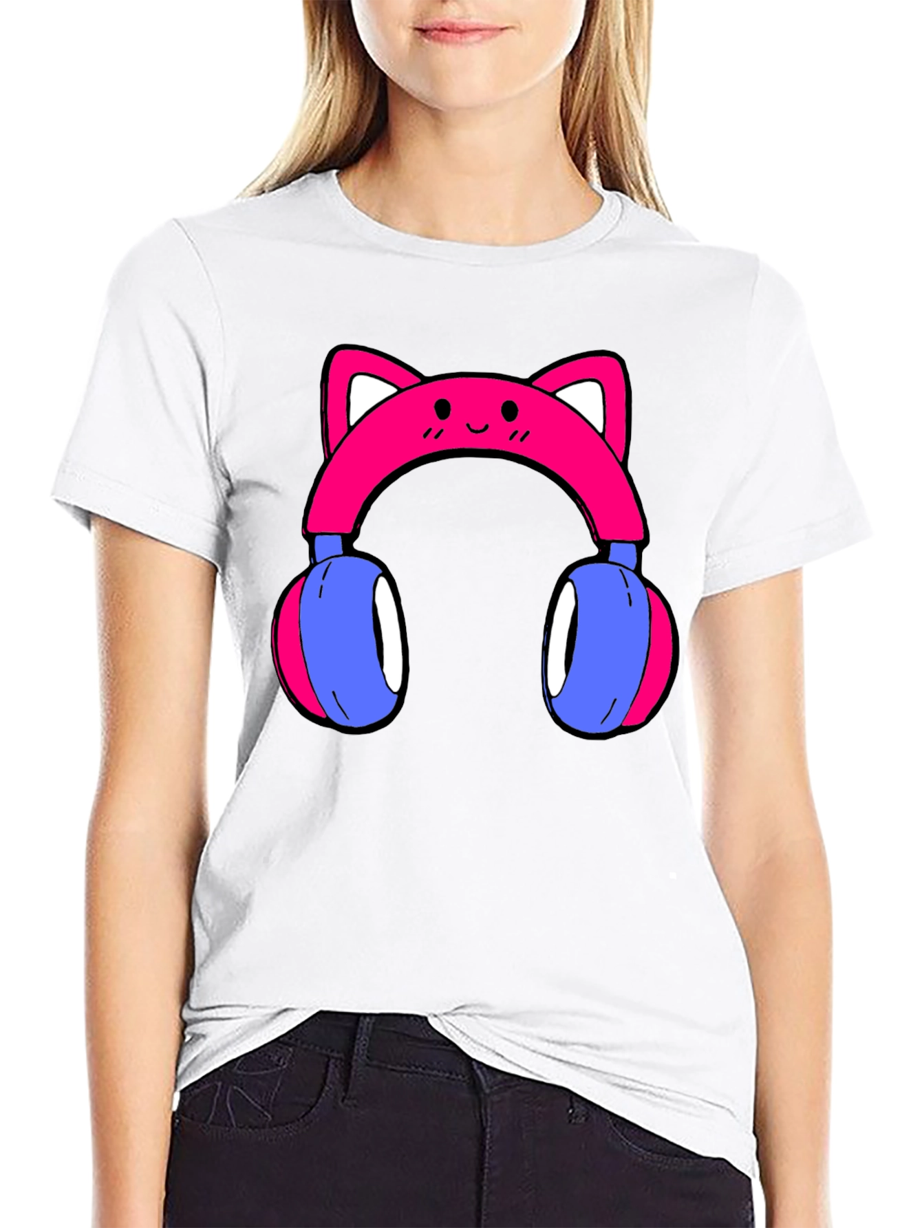 Black Cute Cat Ear Headphones Graphic Tee - Black view 9