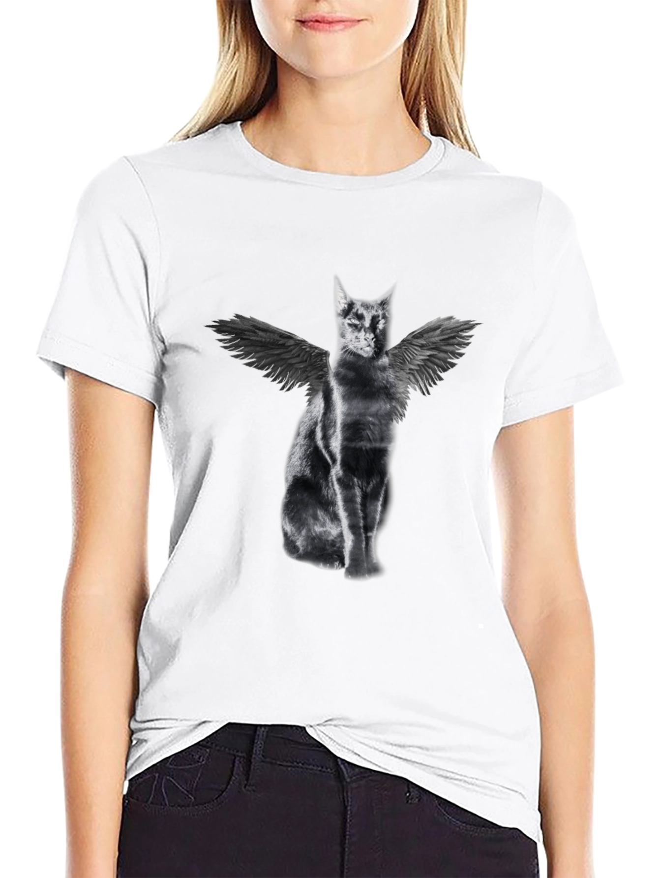 Black Winged Cat Graphic Tee - Black Cotton T-Shirt view 9