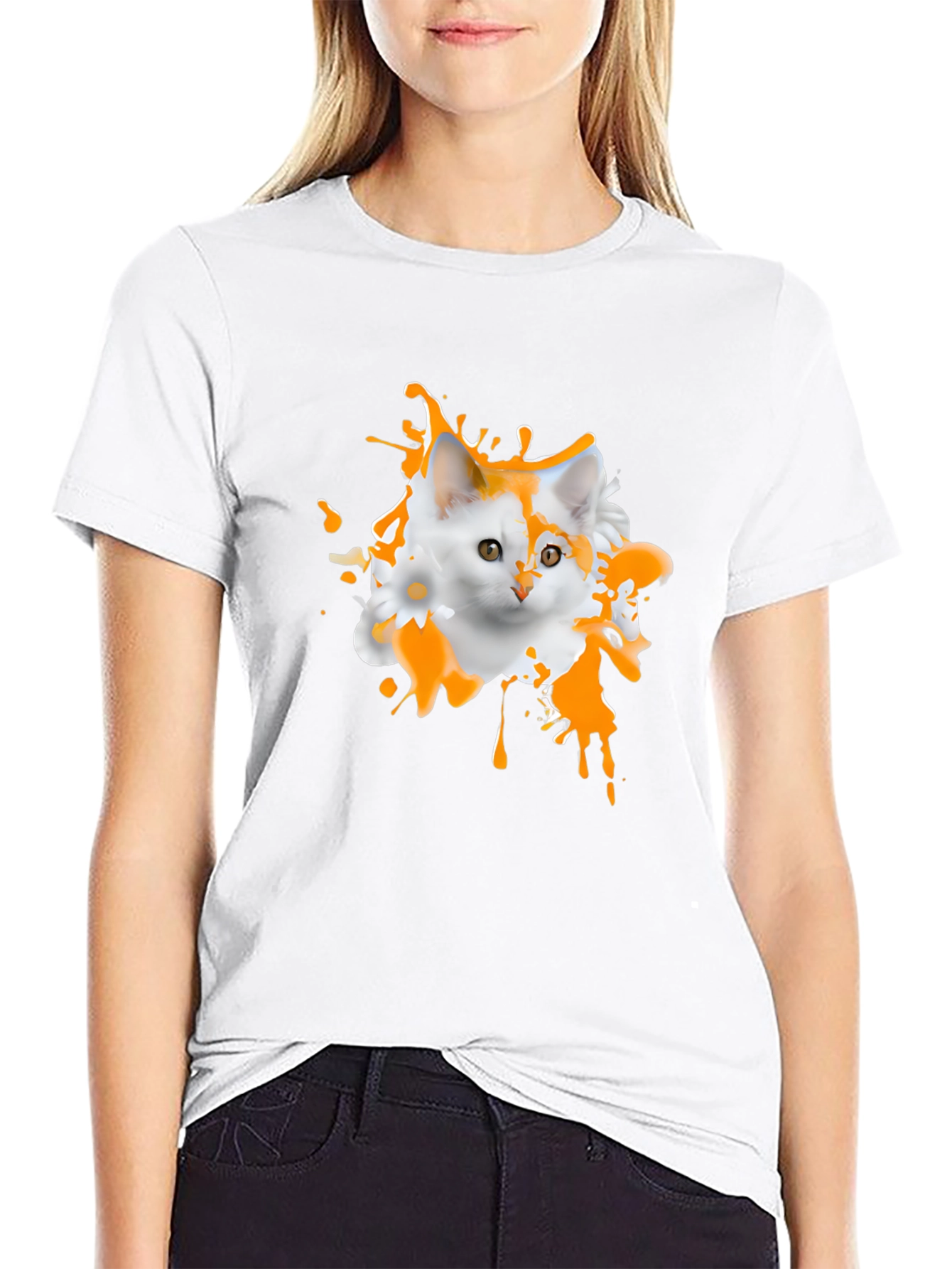 Black Cute Cat Splatter Graphic T-Shirt view 9