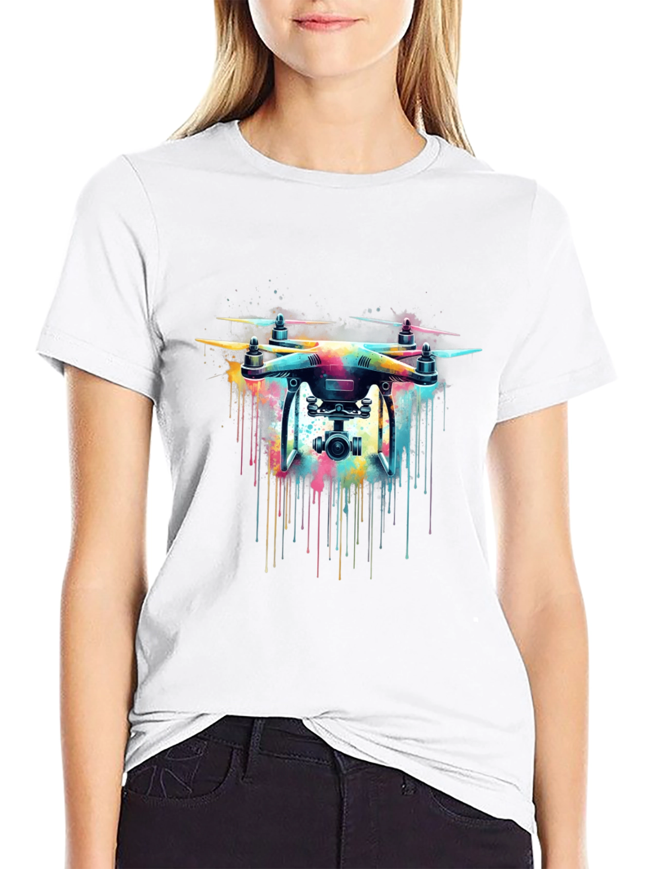 Black Drone Art T-Shirt - Colorful Drone Design Tee view 9